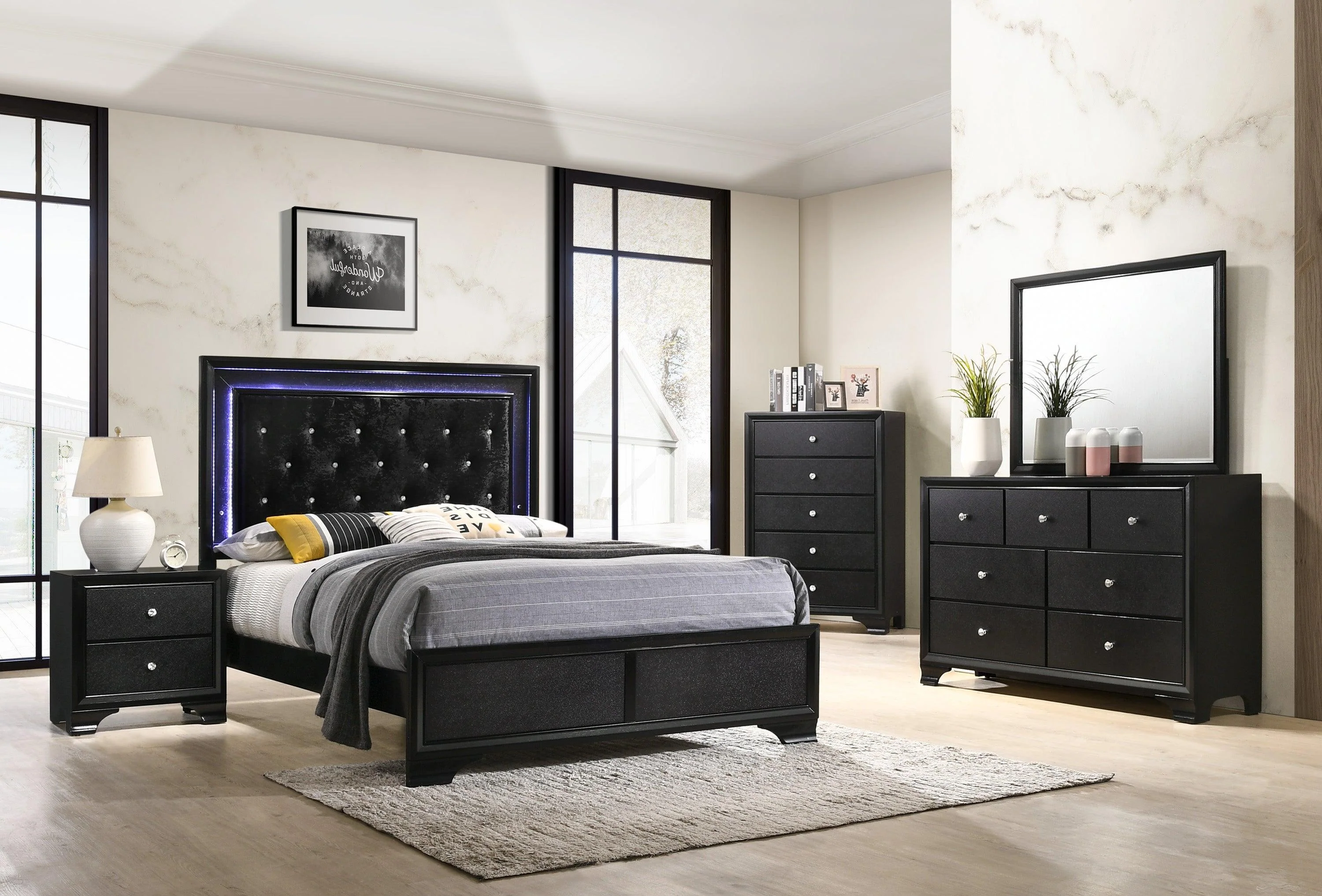 Micah Black LED Velvet Upholstered Tufted Panel King Bed - Image 2