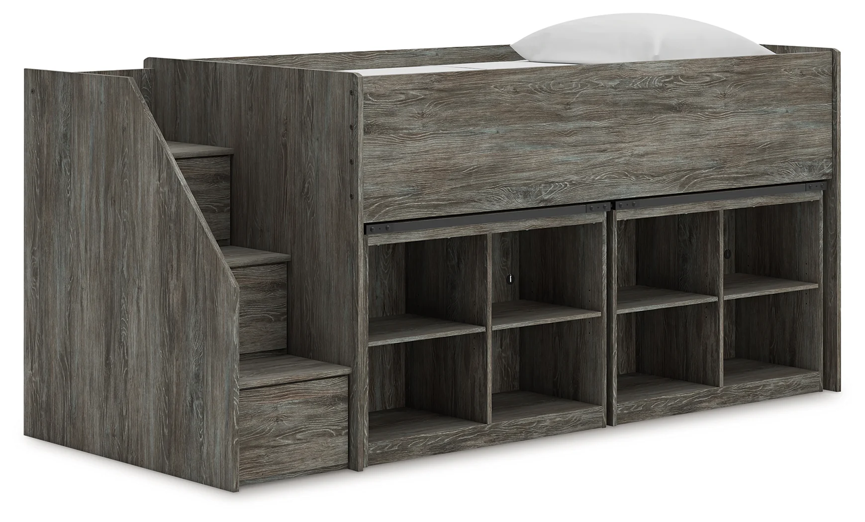 Frandern Warm Gray Twin Loft Bed with Bookcase Storage