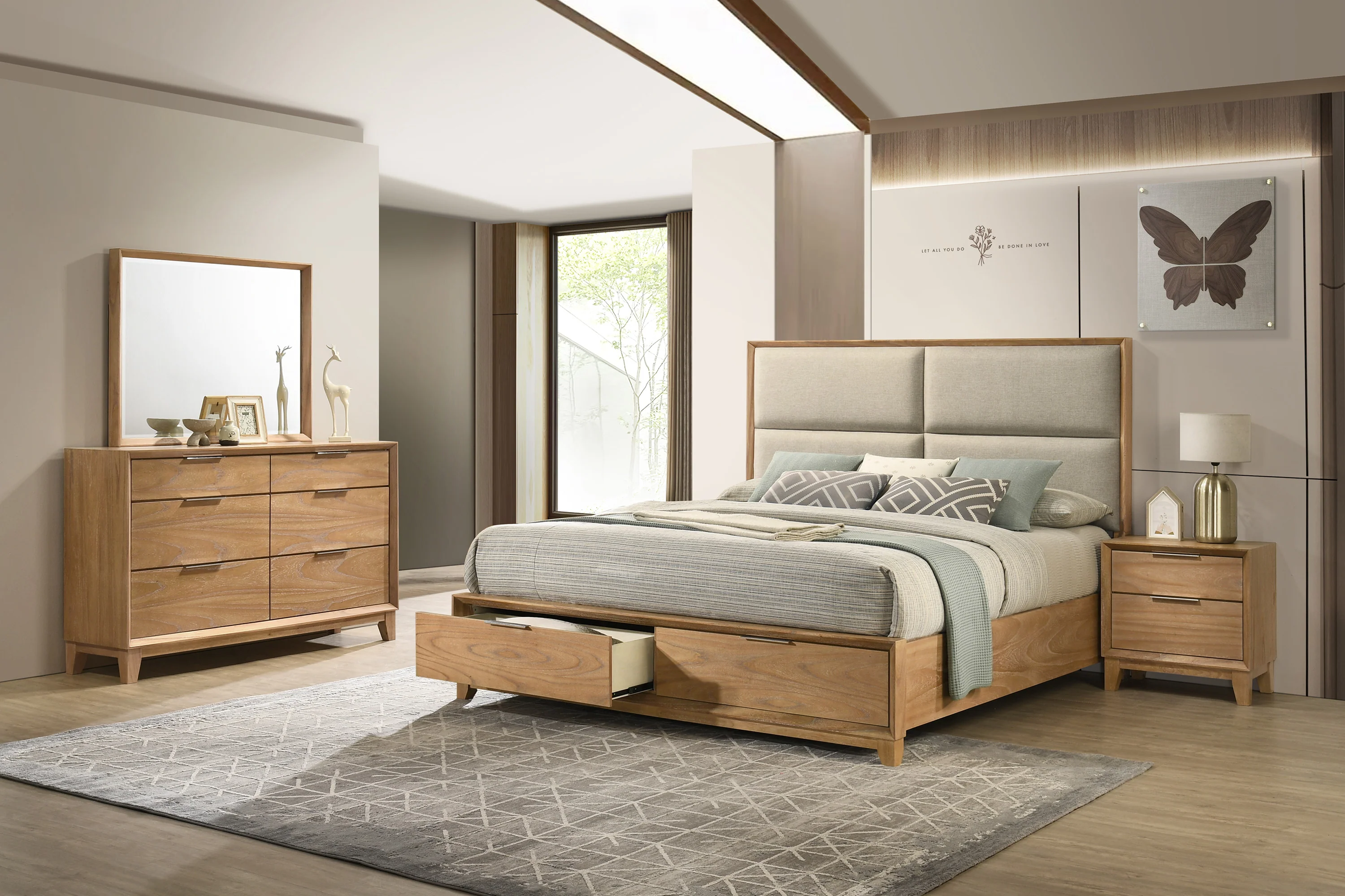 Florian Light Brown Upholstered Storage Platform Bedroom Set - Image 2
