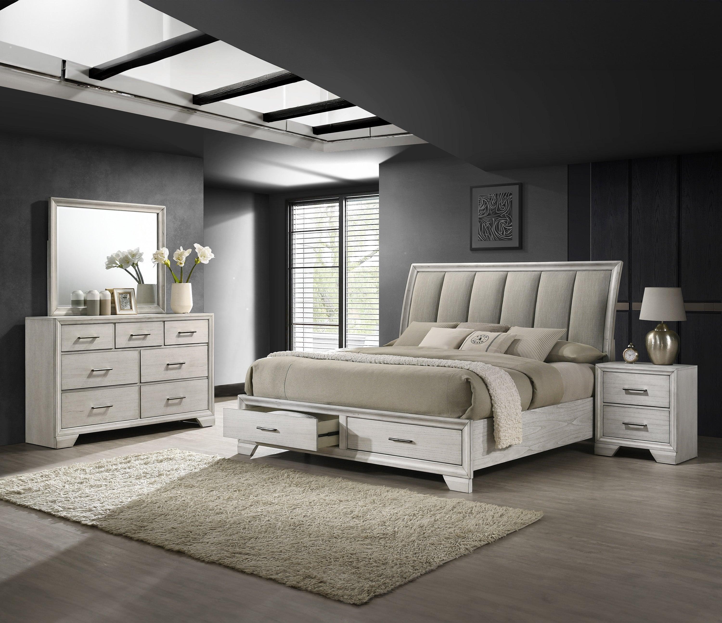 Jaymes White Fabric Upholstered Storage Platform Sleigh Bedroom Set - Image 2