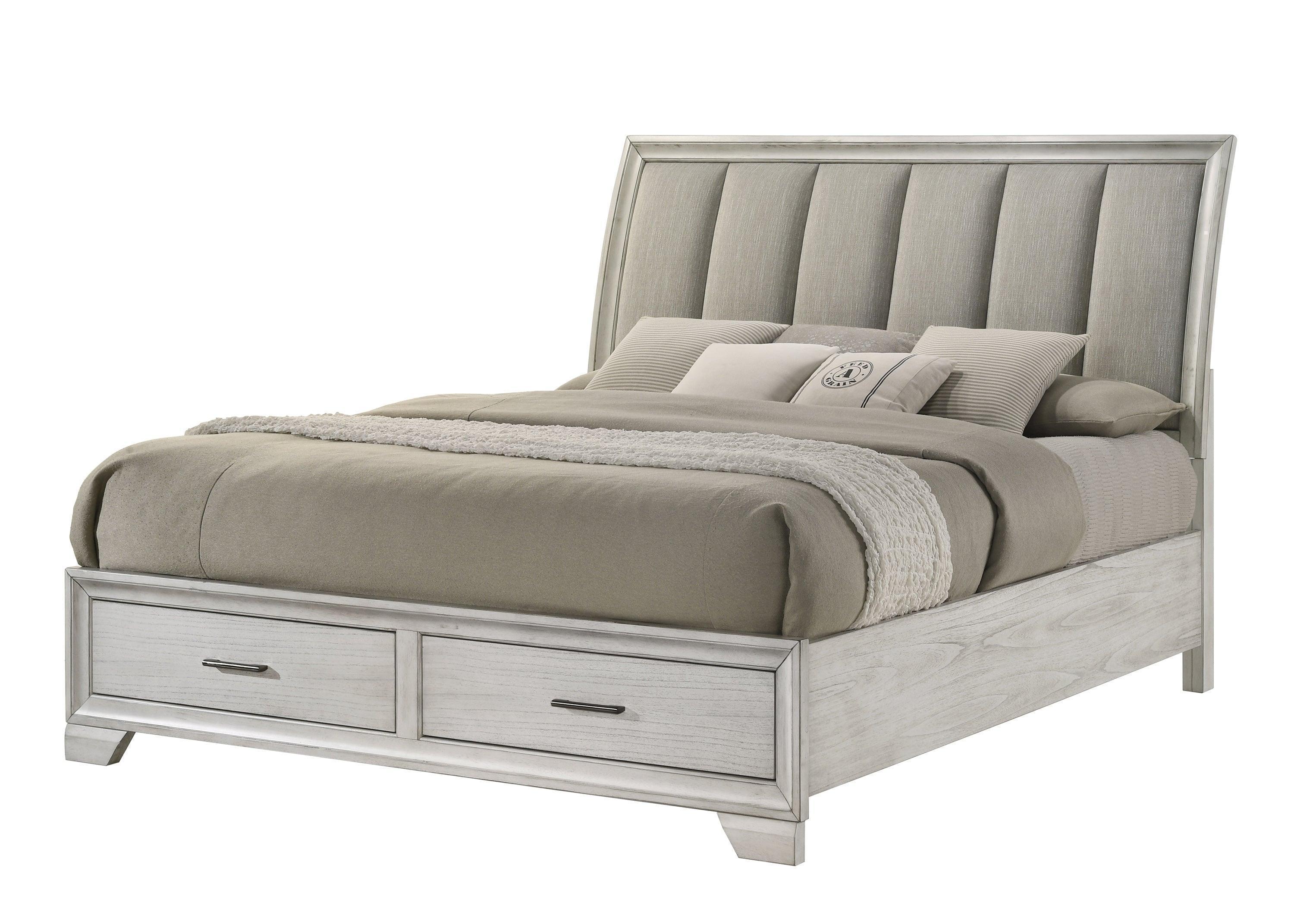 Jaymes White Fabric Upholstered Storage Platform Sleigh Bedroom Set - Image 3
