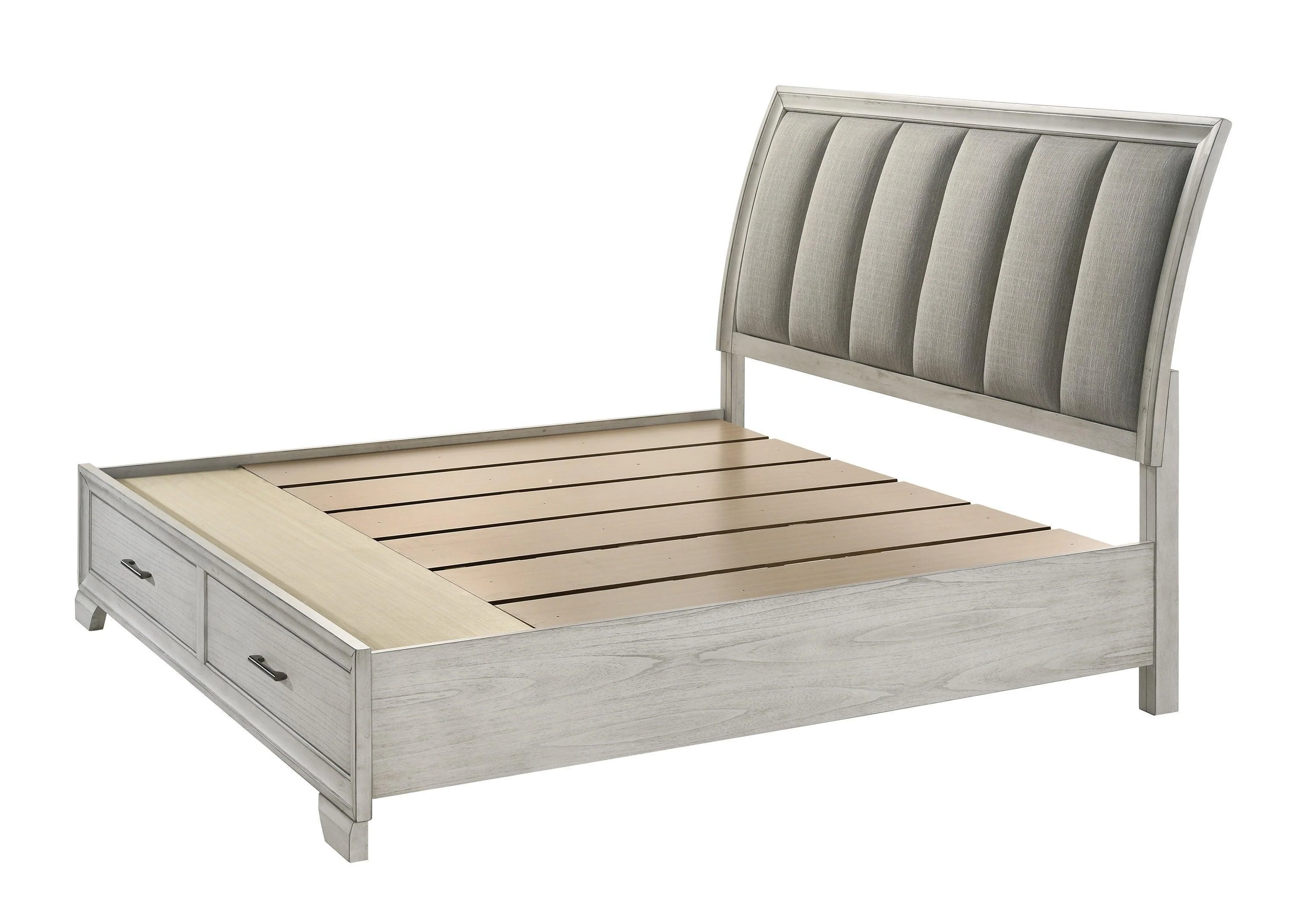 Jaymes White Fabric Upholstered Storage Platform Sleigh King Bed - Image 3