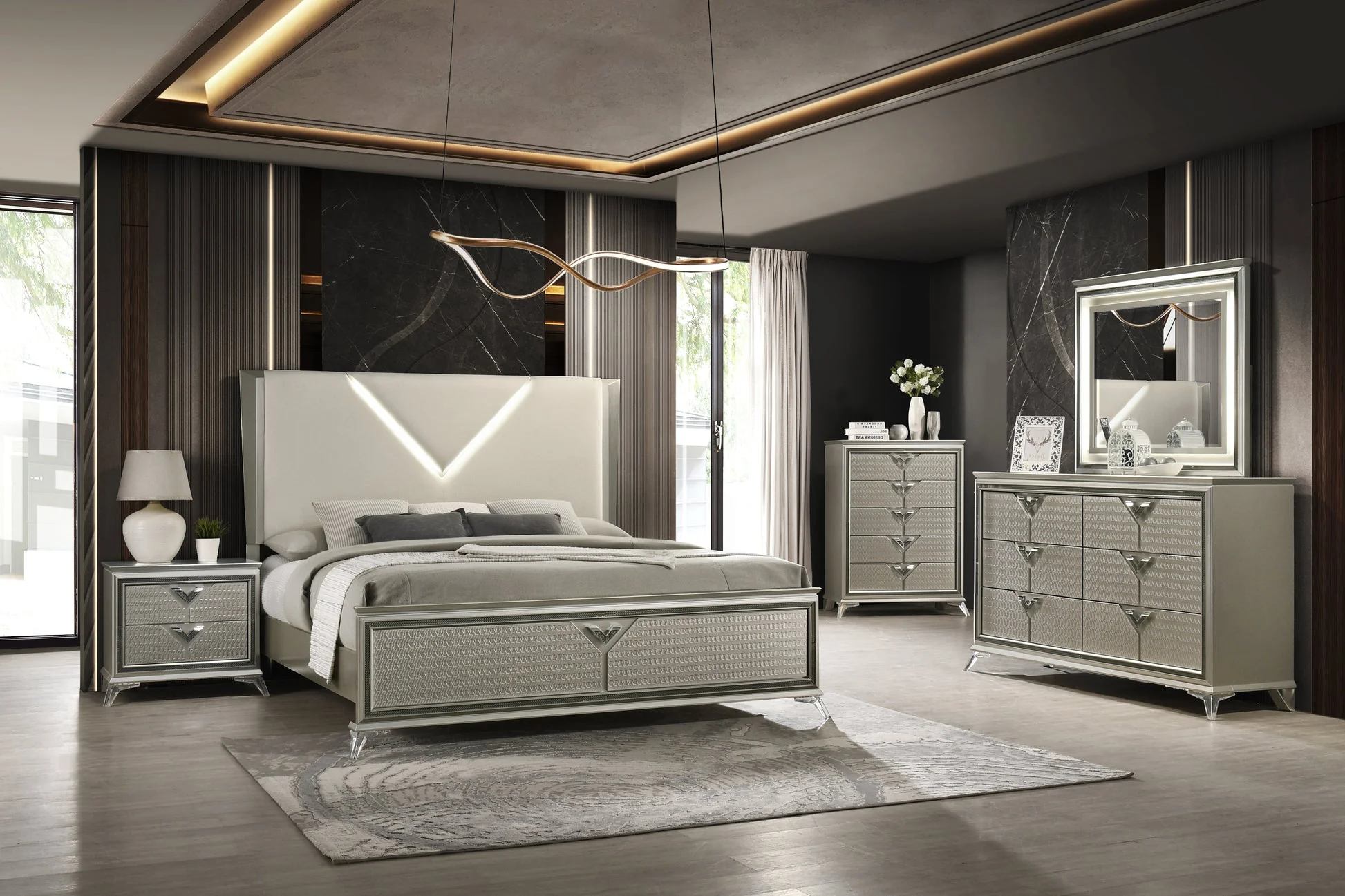 Larana Champagne Upholstered LED Panel Bedroom Set