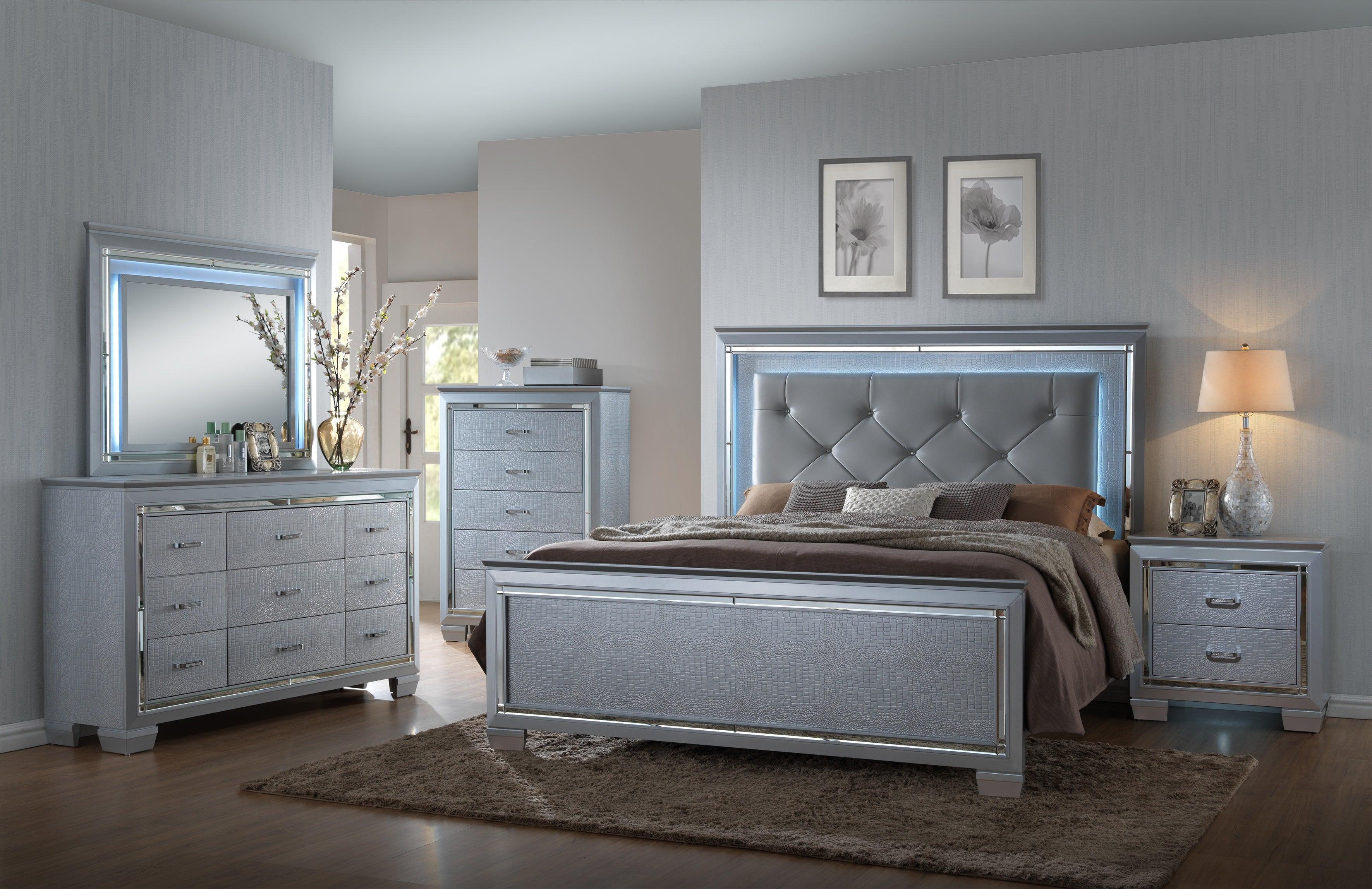Lillian Silver LED Faux Leather Upholestered Tufted Panel King Bed - Image 2