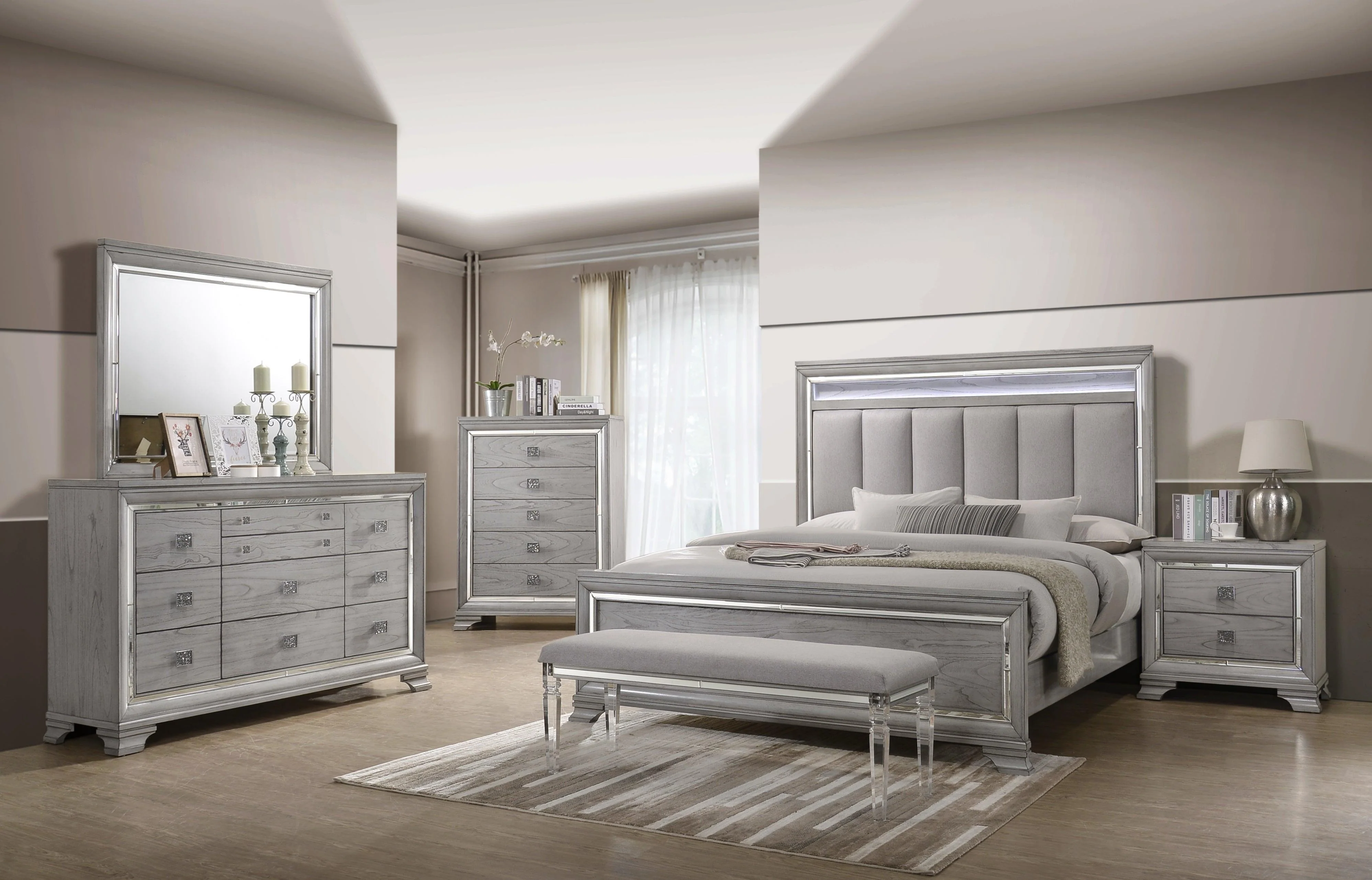 Vail Gray LED Fabric Upholstered Panel Bedroom Set - Image 2