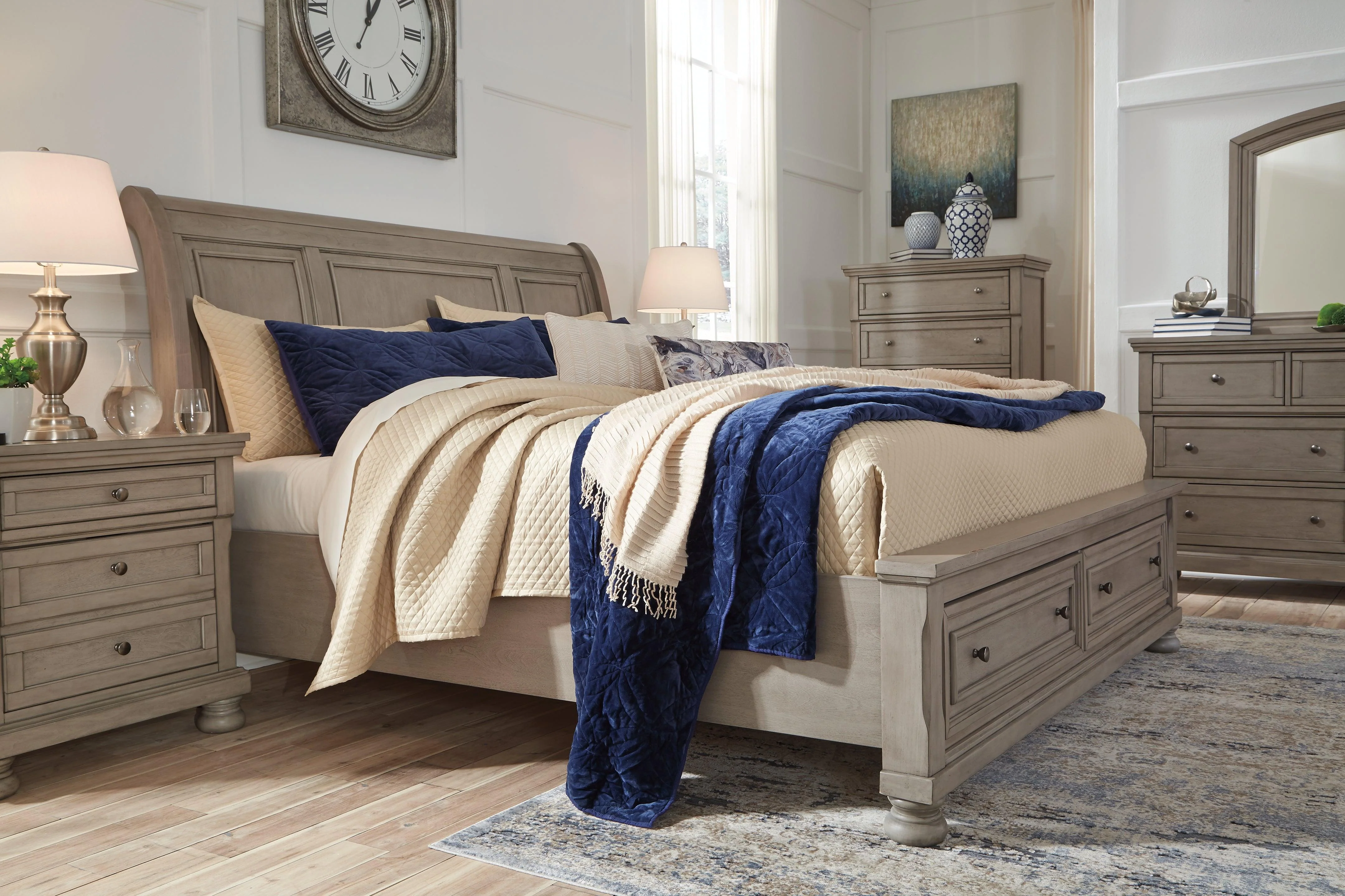 Lettner Light Gray King Sleigh Bed With 2 Storage Drawers - Image 3