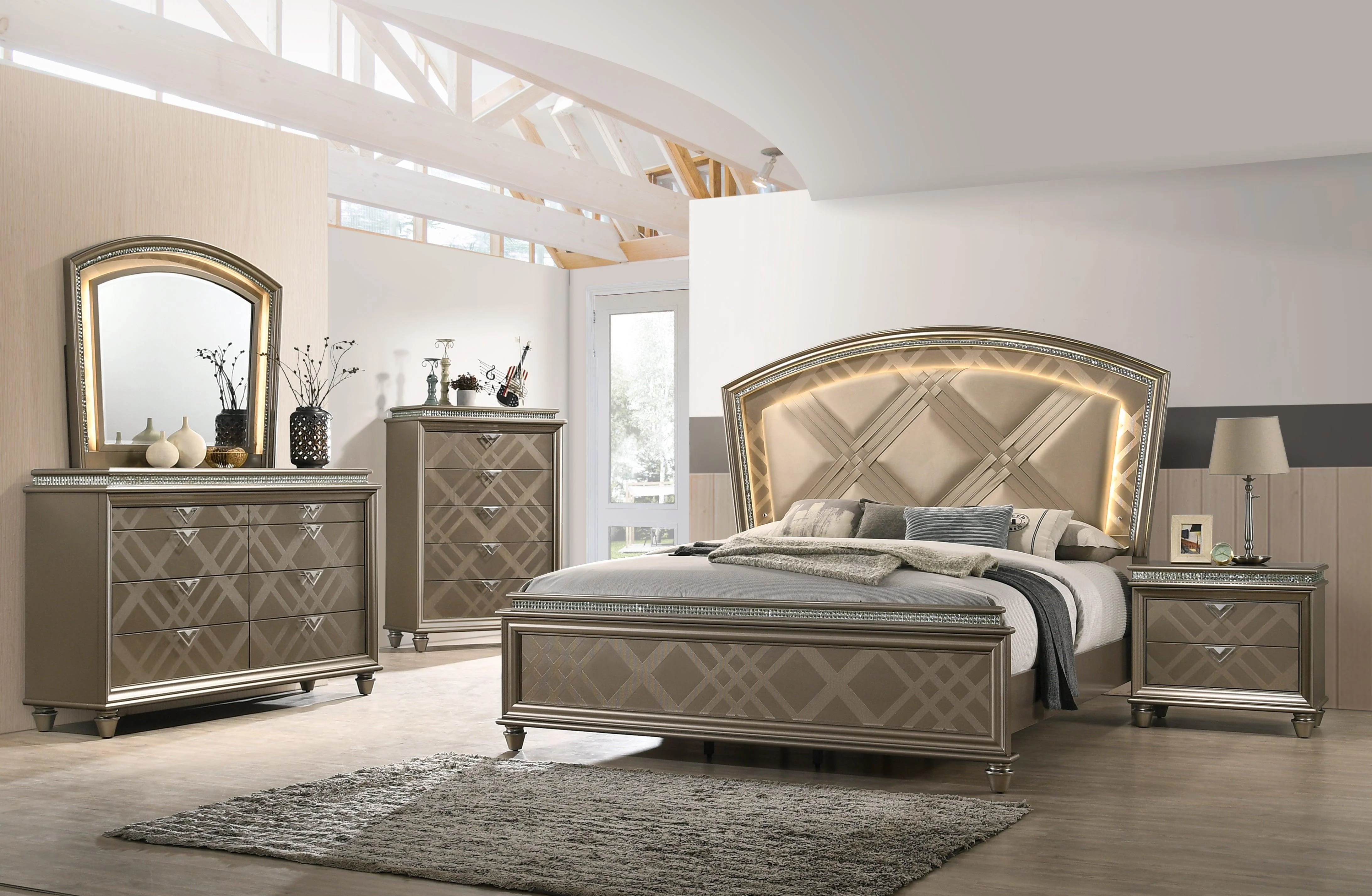 Cristal Gold LED Faux Leather Upholstered Panel Queen Bed - Image 3
