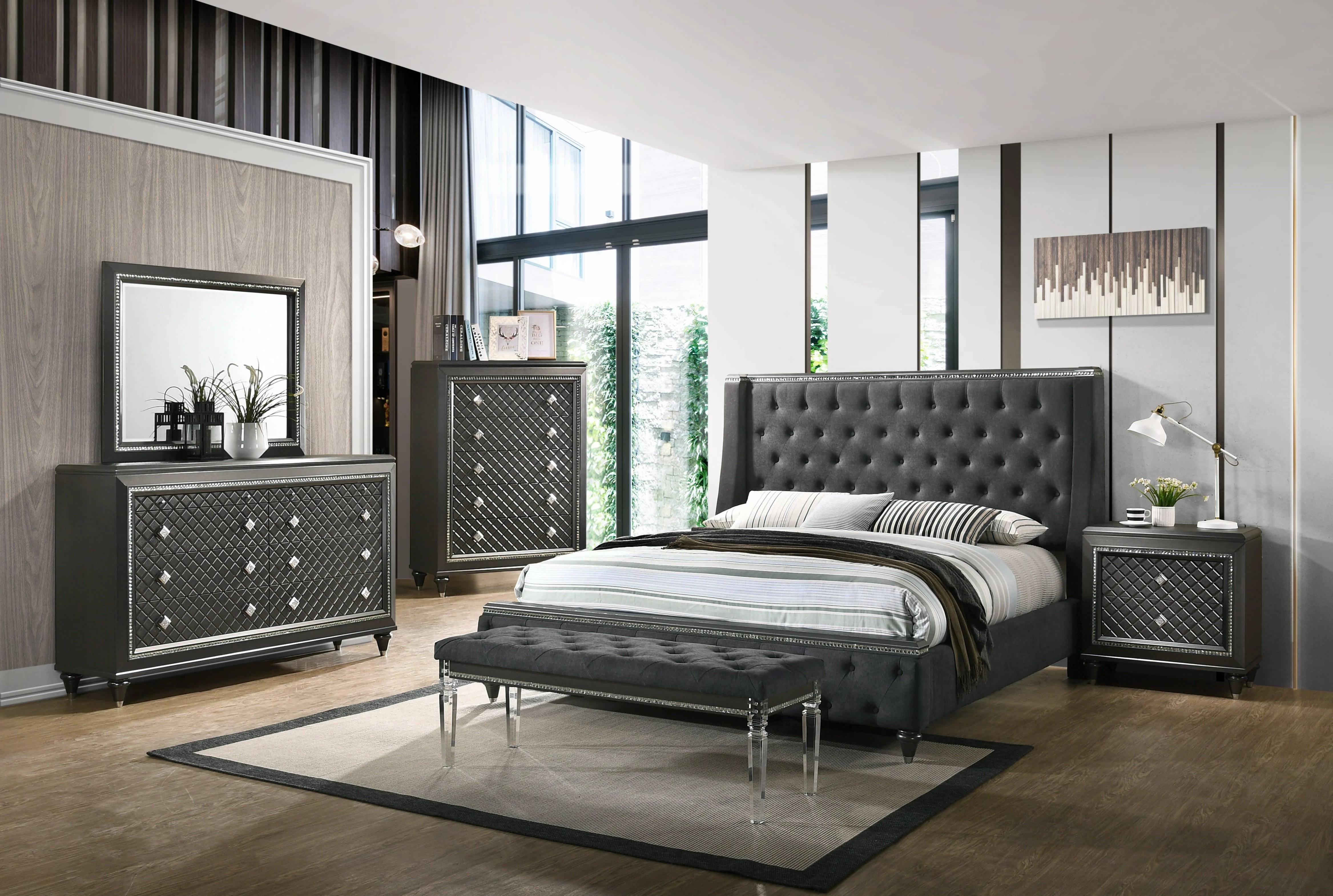 Giovani Gray King Fabric Upholstered Tufted Panel Bed - Image 2