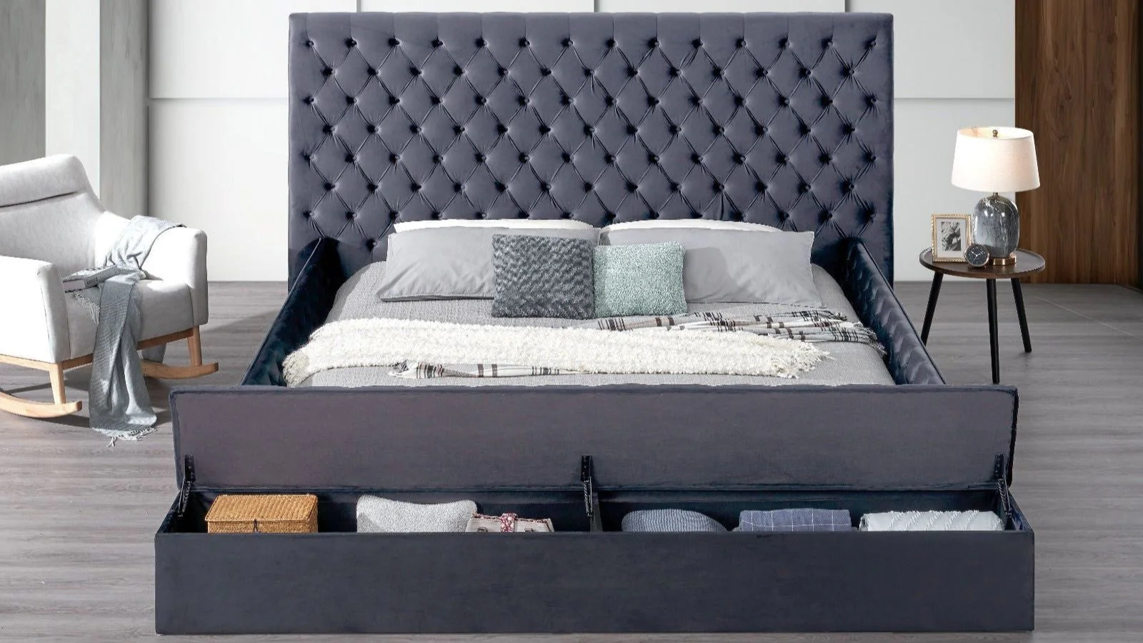 Catalina Gray Upholstered Tufted Storage Panel Queen Bed - Image 1