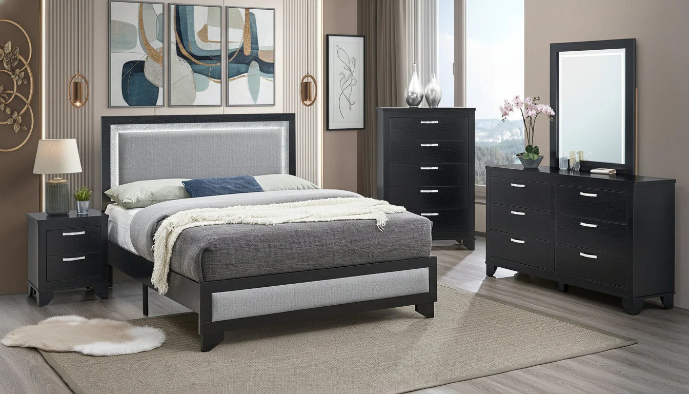 Jaylyn Black Gray Upholstered LED Panel Bedroom Set