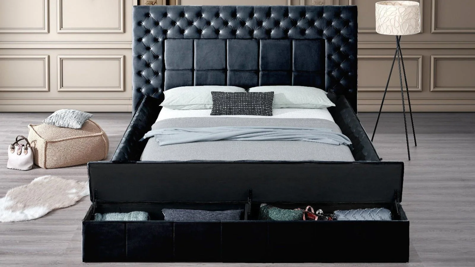 Emerald Black Upholstered Tufted Storage Panel Queen Bed - Image 1
