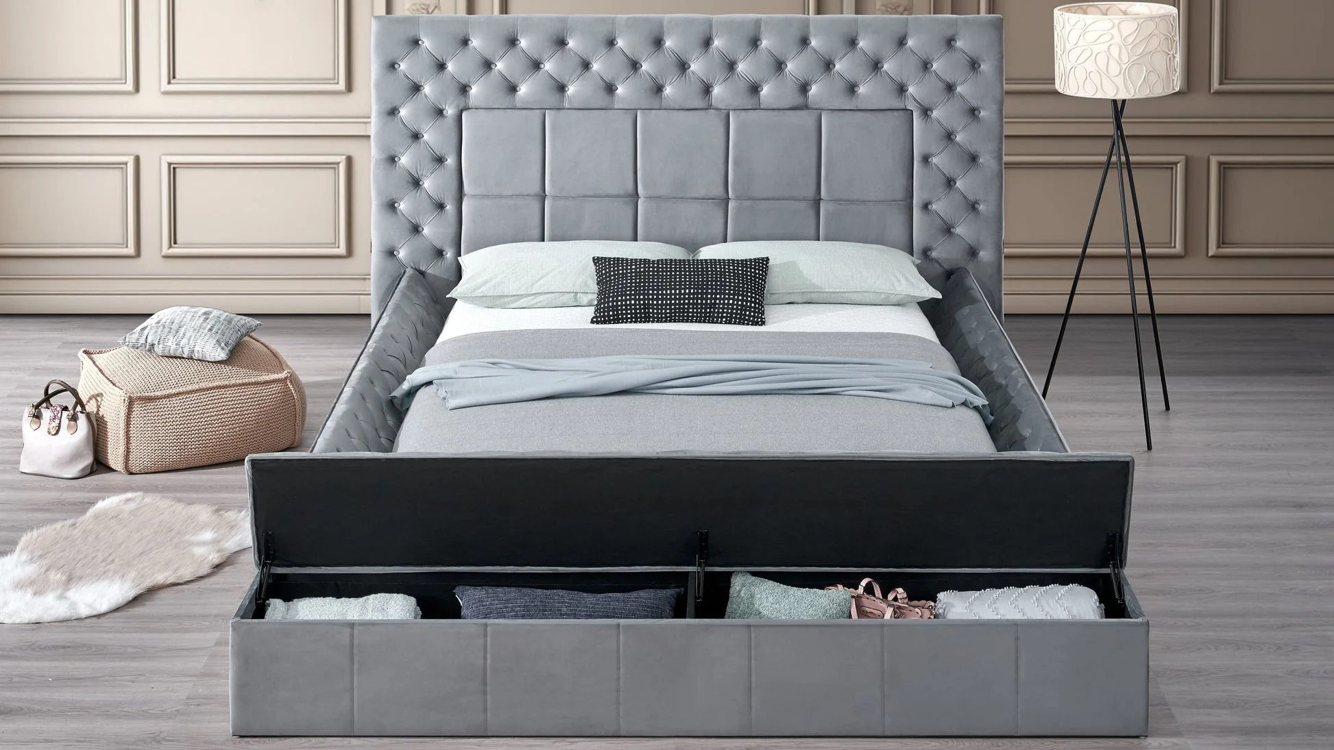 Emerald Grey Upholstered Tufted Storage Panel Queen Bed - Image 1