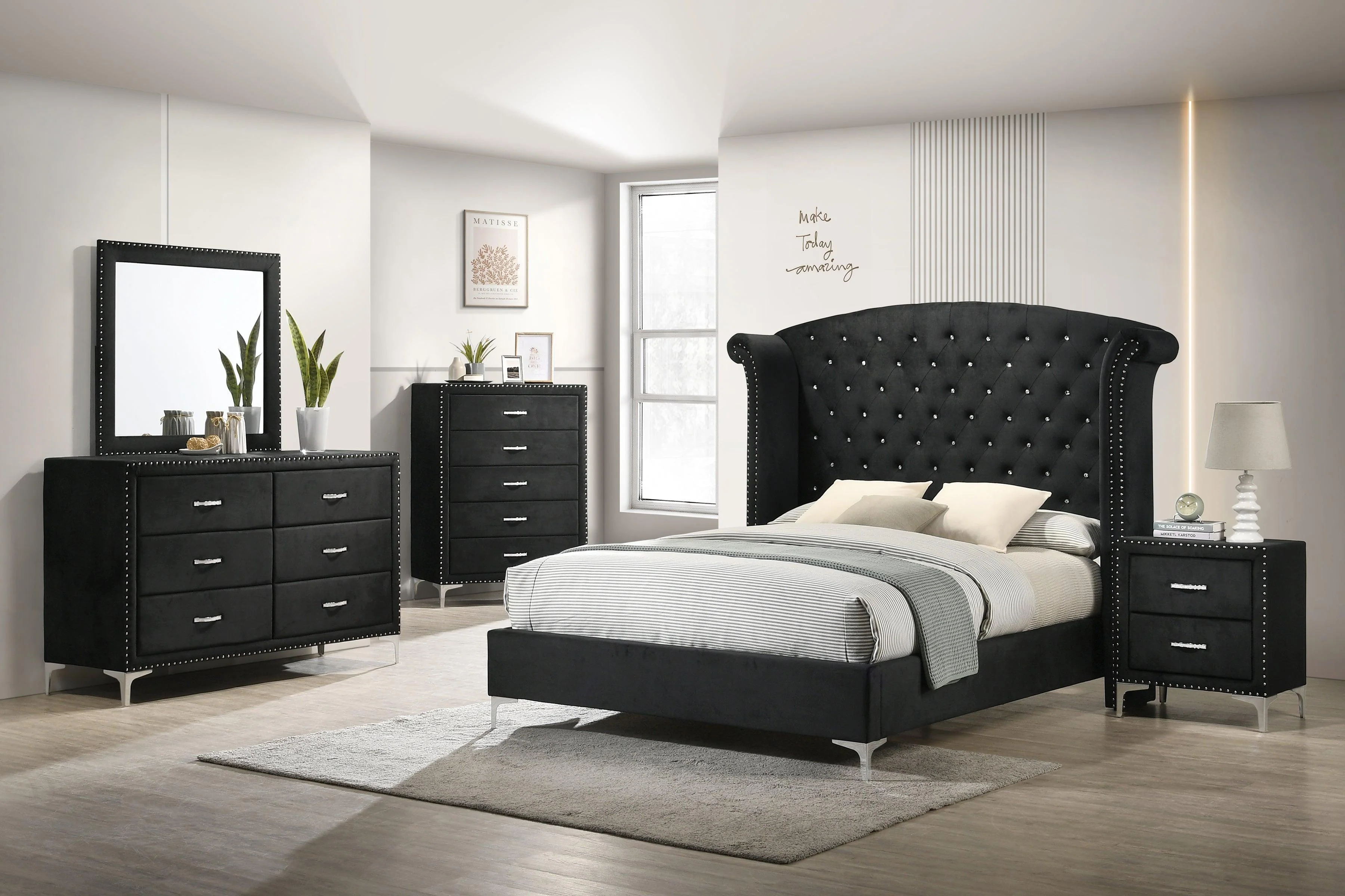 Lucinda Black Velvet Wingback Upholstered Tufted Panel King Bed - Image 2
