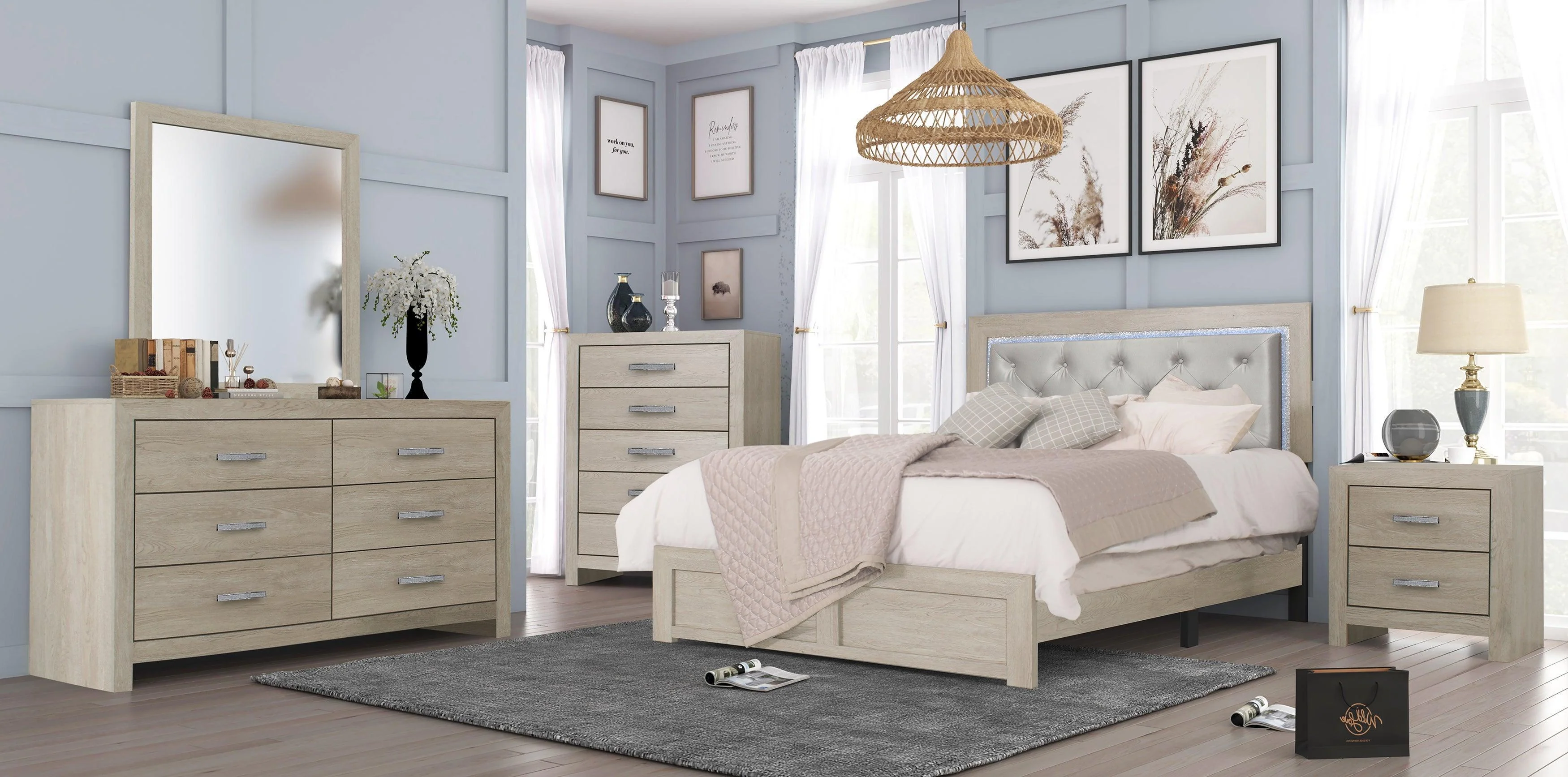 Jaylen Cream LED Faux Leather Upholstered Tufted Panel Queen Bed - Image 2