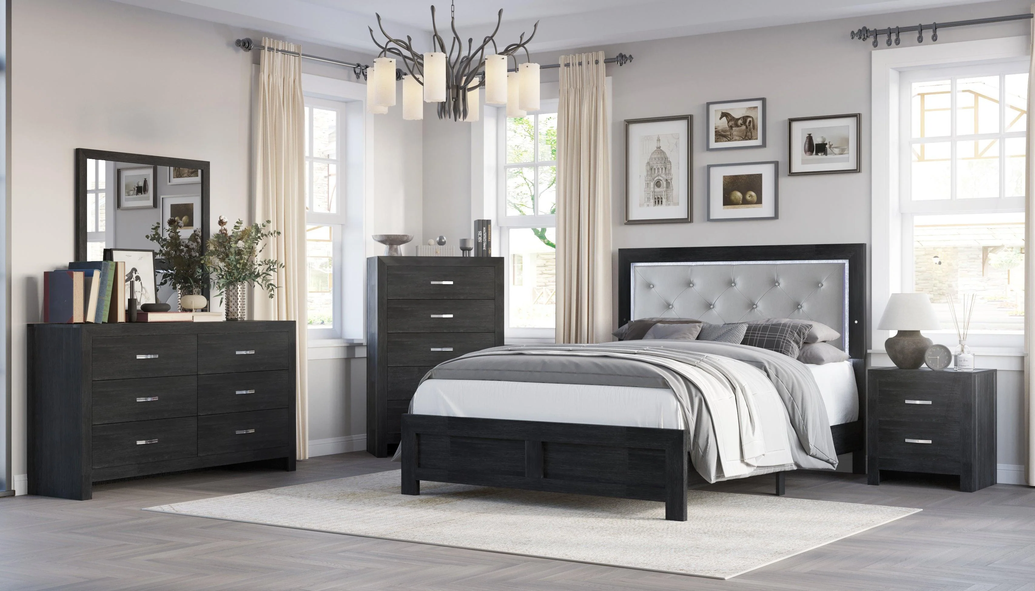 Jaylen Black LED King Fabric Upholstered Tufted Panel Bed - Image 2