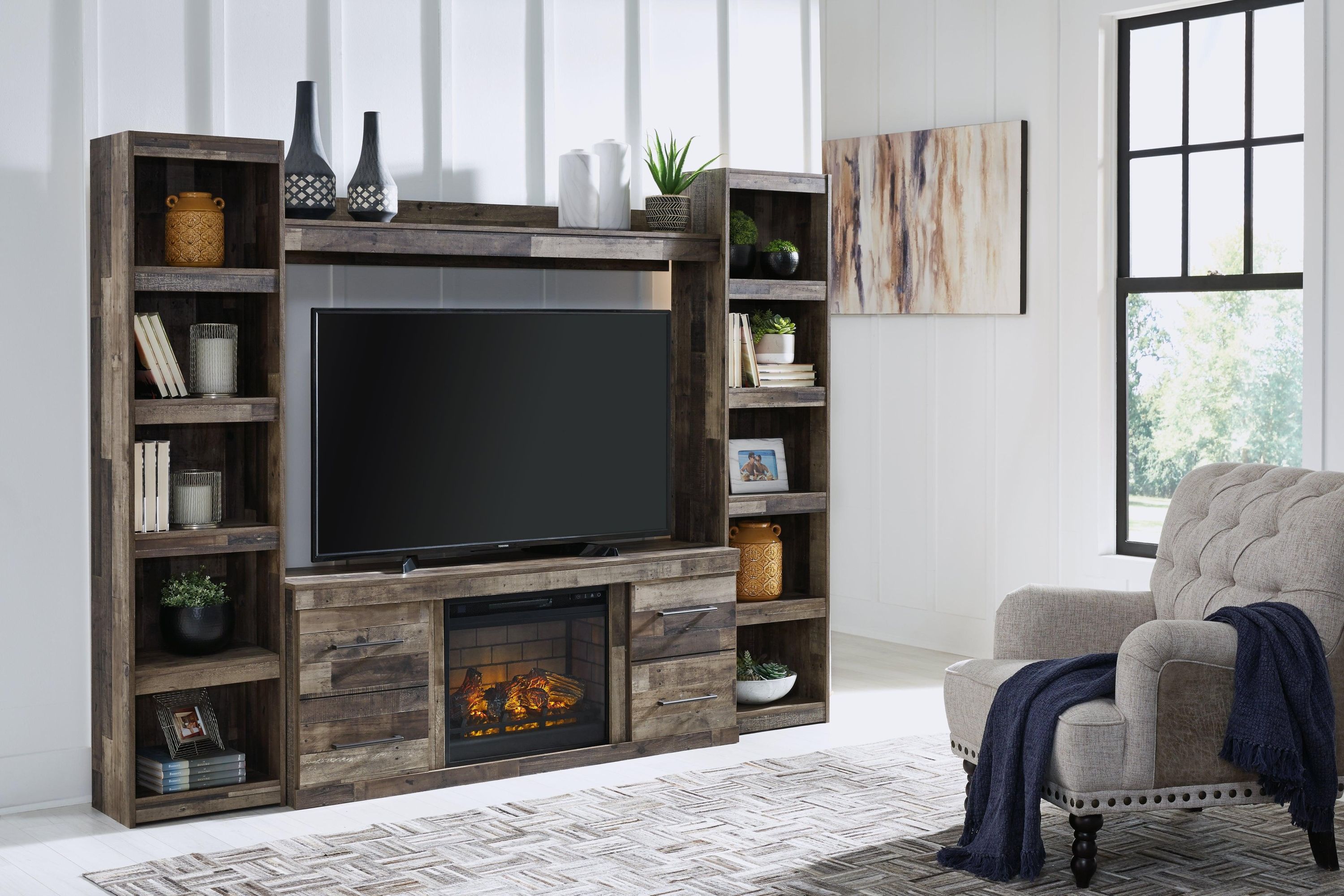 Derekson Multi Gray 4-Piece Entertainment Center With Electric Fireplace - Image 3