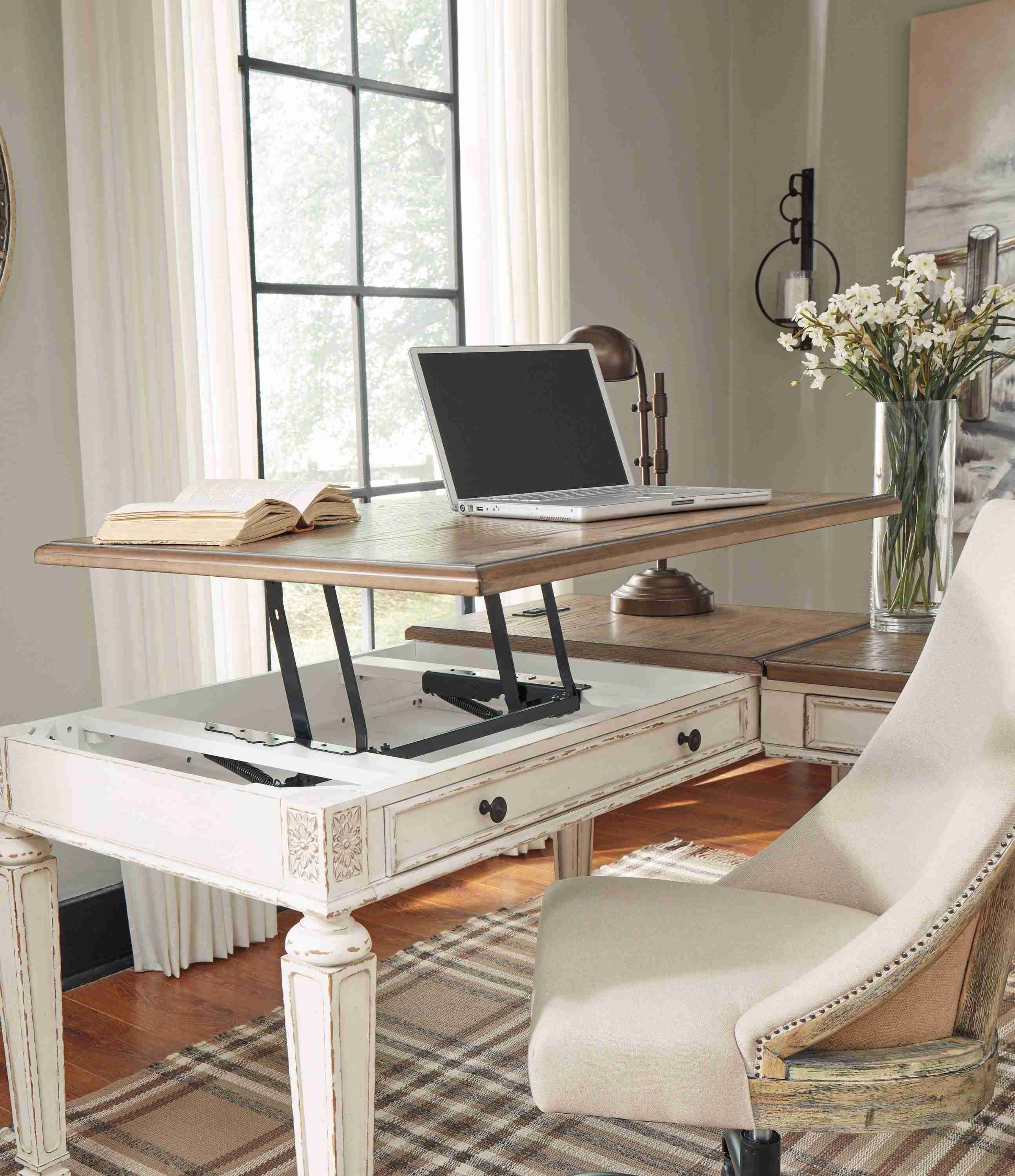 Realyn White Brown 2-Piece Home Office Lift Top Desk - Image 3