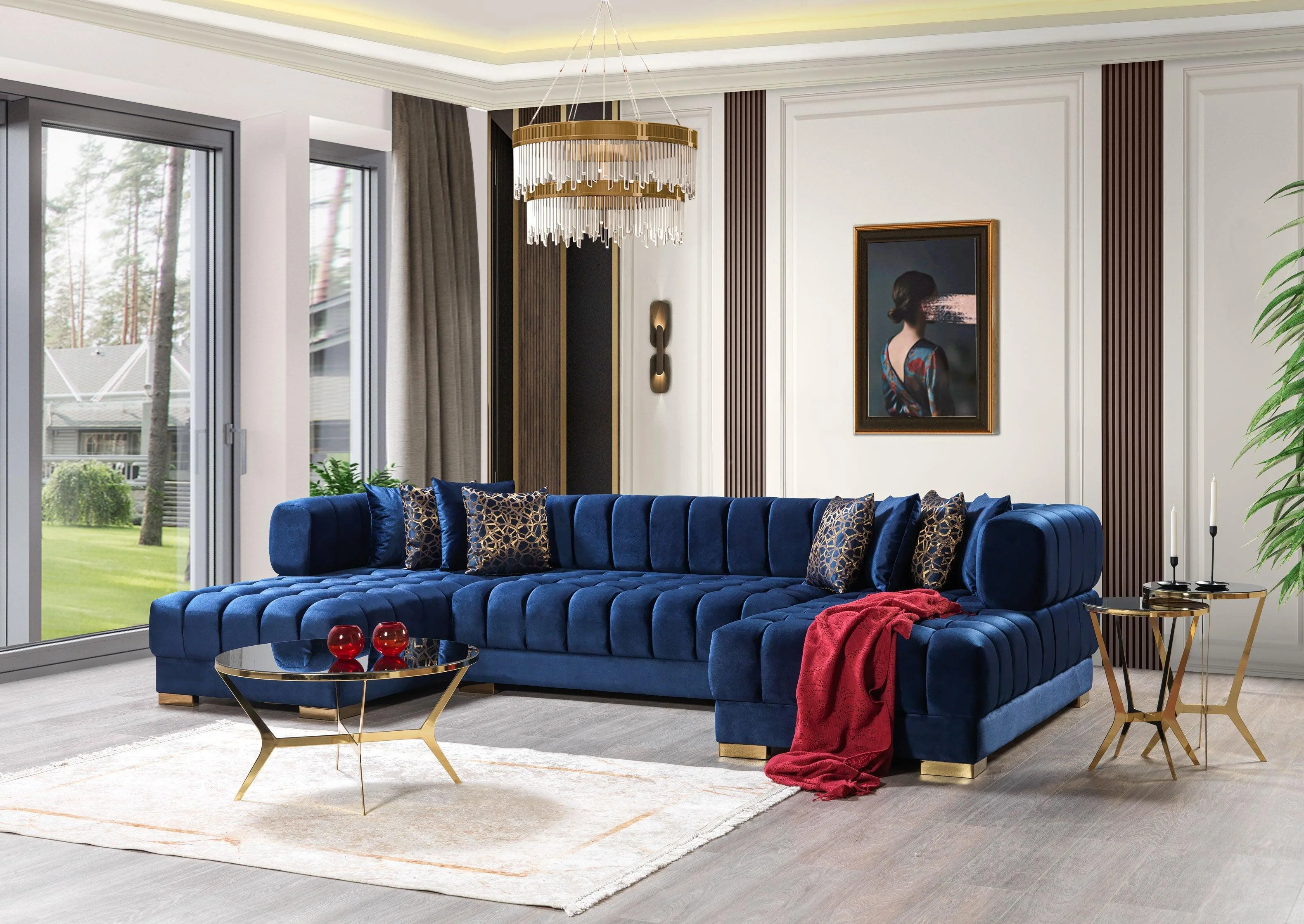 Mia Blue Velvet Double Chaise Sectional - Image 3