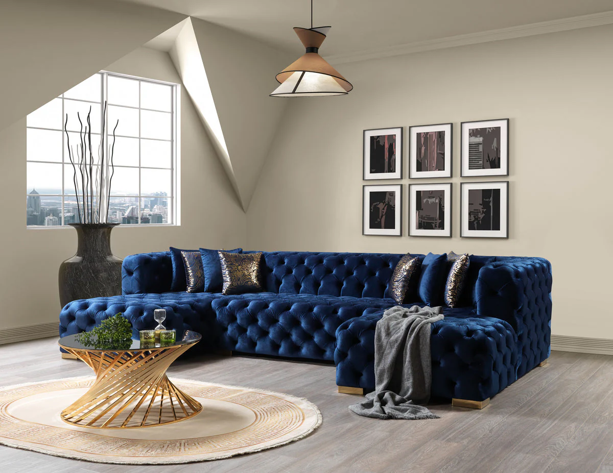 Seva Blue Velvet Double Chaise 138" Sectional - Image 2