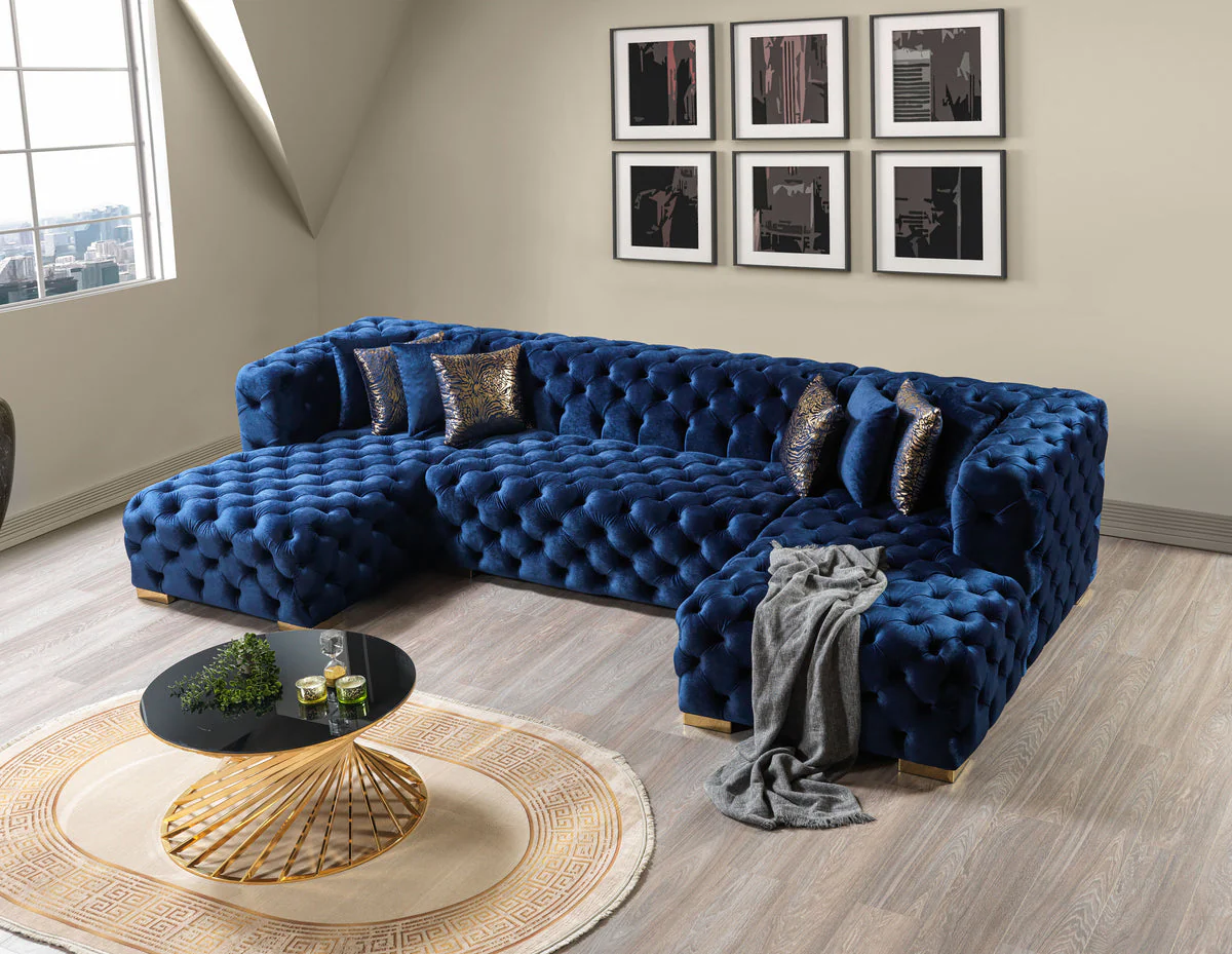 Seva Blue Velvet Double Chaise 138" Sectional - Image 3
