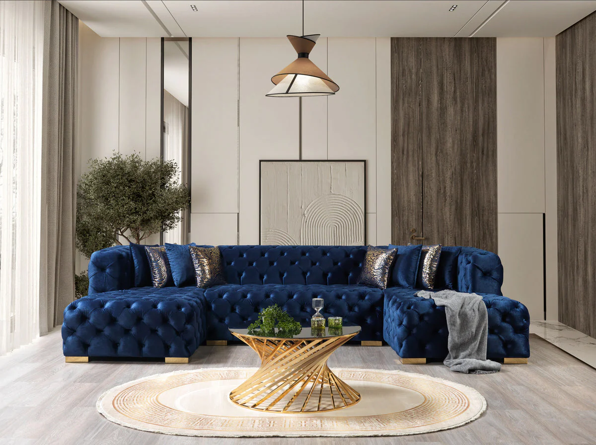 Seva Blue Velvet Double Chaise 138" Sectional - Image 1