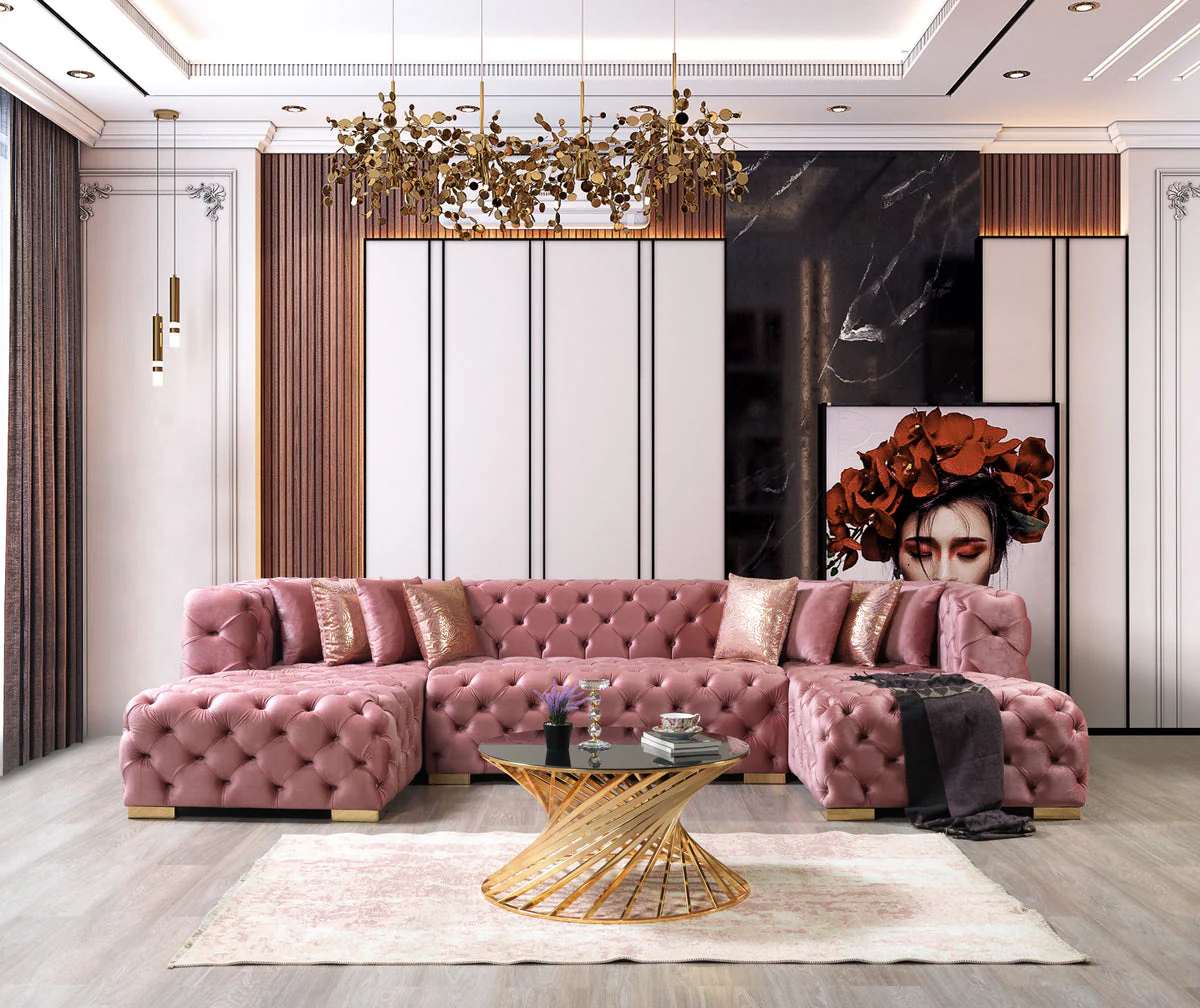 Seva Pink Velvet Double Chaise 138" Sectional - Image 1