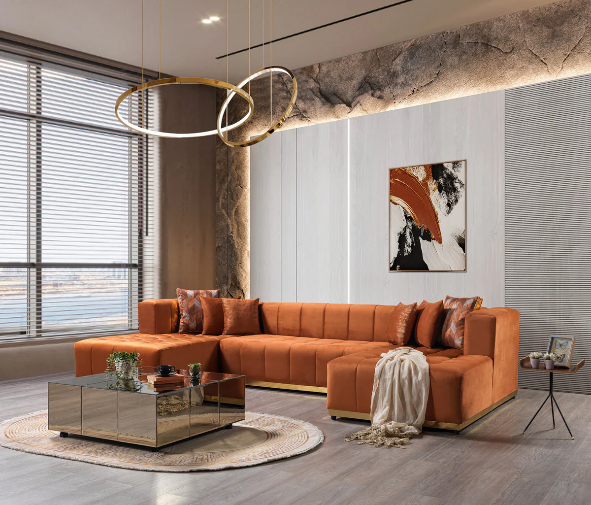 Amelia Orange Velvet Double Chaise 140" Sectional - Image 2