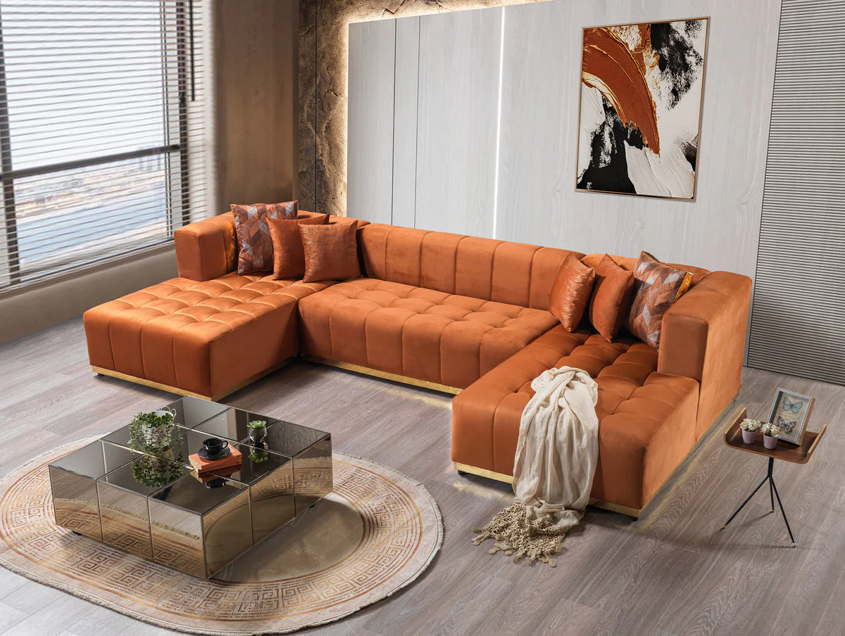 Amelia Orange Velvet Double Chaise 140" Sectional - Image 3