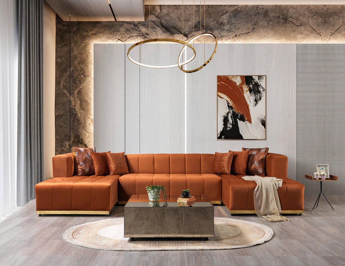 Amelia Orange Velvet Double Chaise 140" Sectional - Image 1