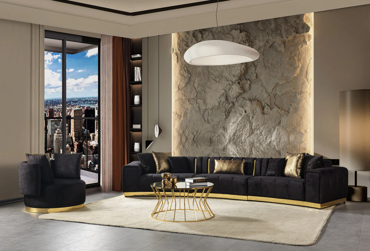 Anne Black Velvet 3-Piece Curved 165″ Sectional