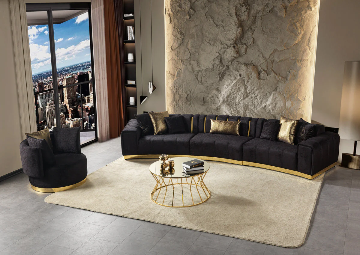 Anne Black Velvet 3-Piece Curved 165" Sectional - Image 3