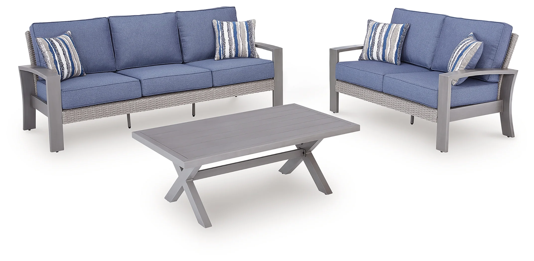 Half Blue/Gray Moon Beach Outdoor Sofa and Loveseat with Coffee Table - Image 2