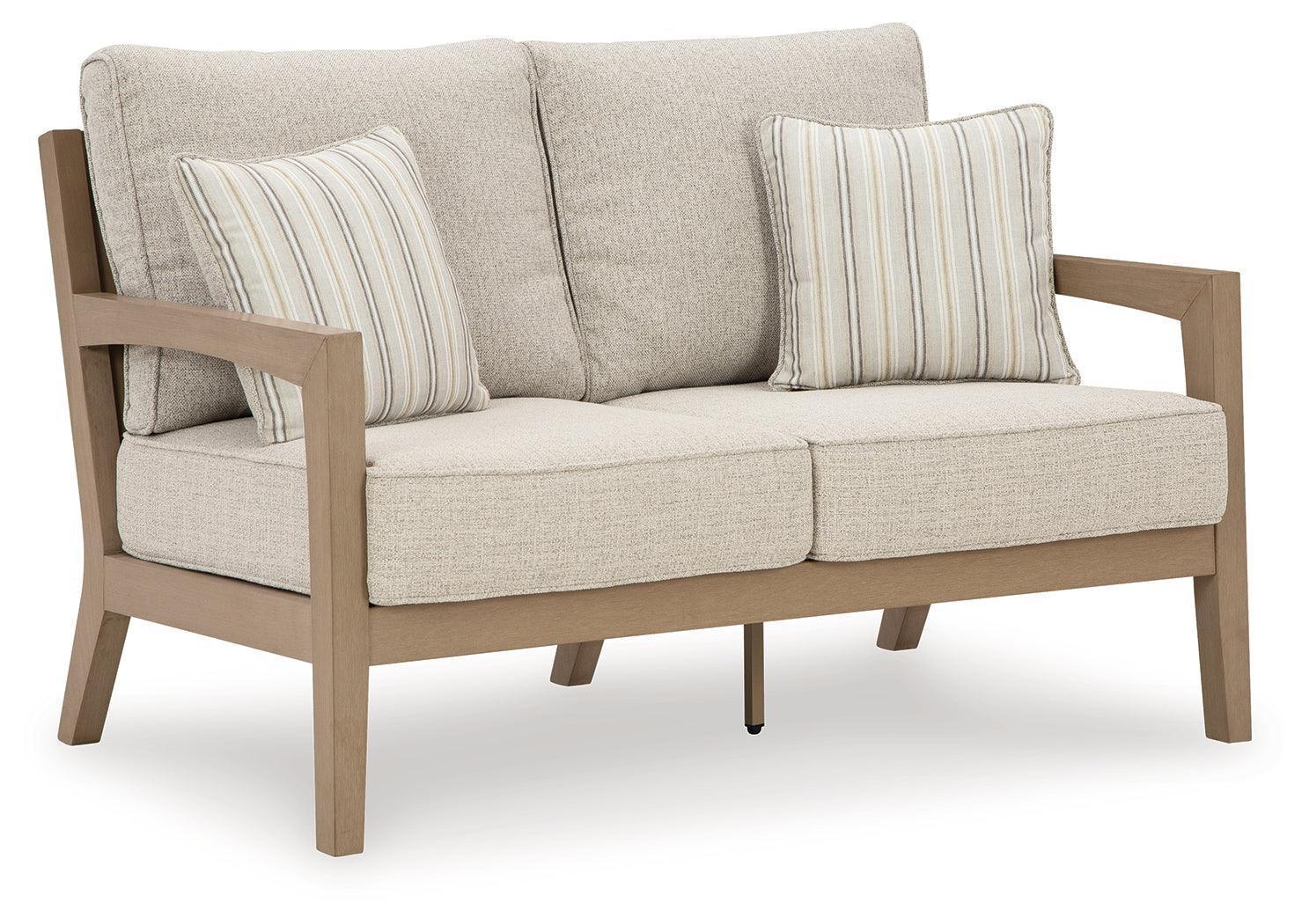 Hallow Creek Driftwood Outdoor Loveseat With Cushion - Image 2