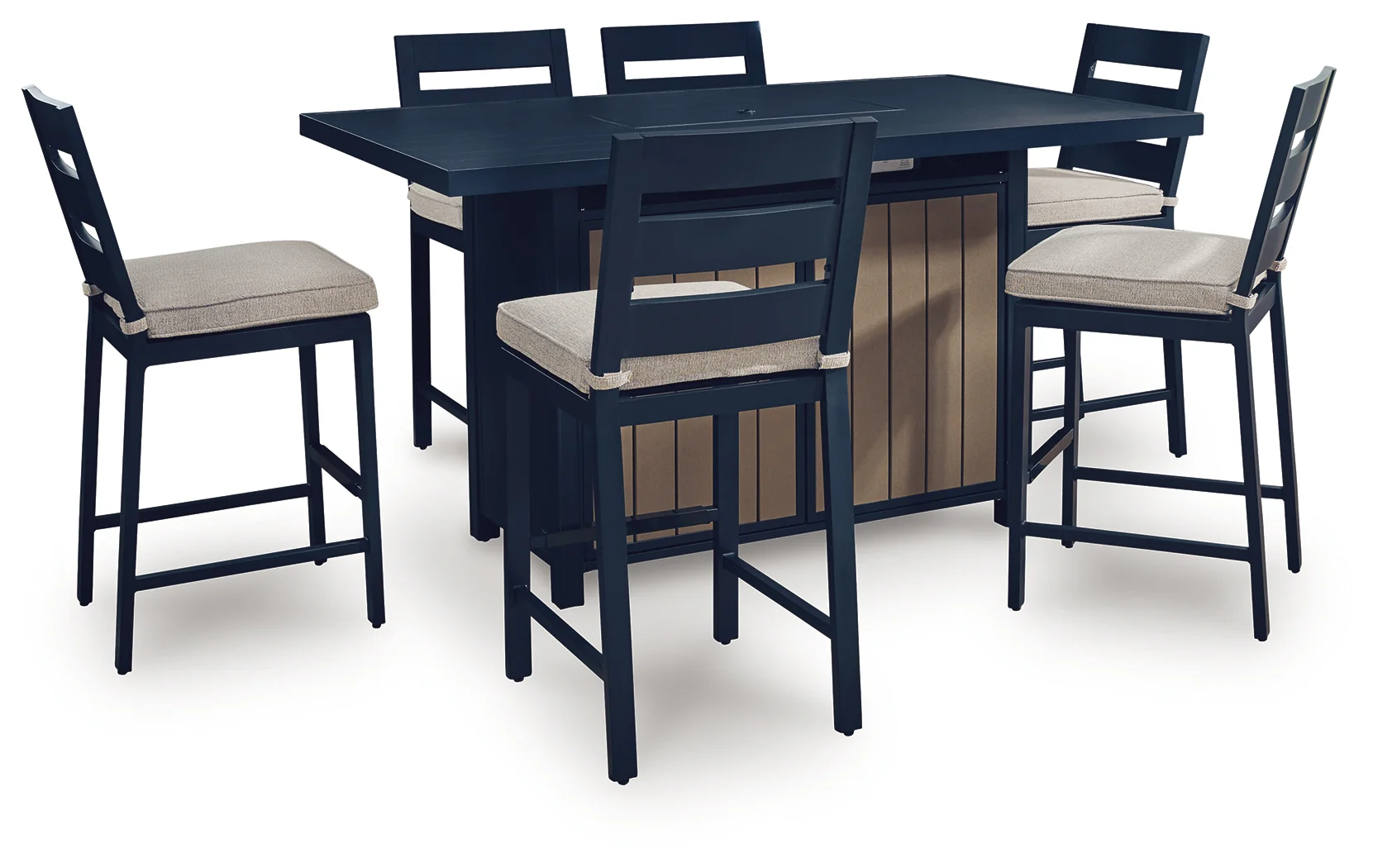 East Navy Blue/Driftwood Beach Outdoor Fire Pit Table and 6 Barstools - Image 3