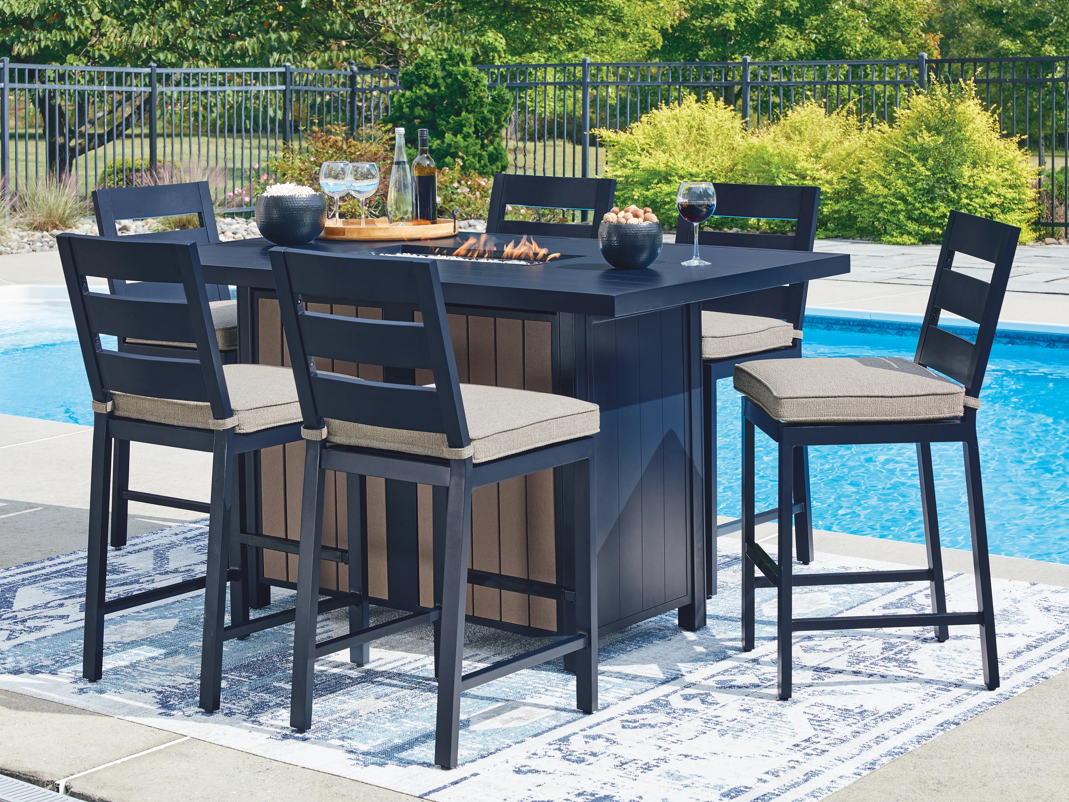 East Navy Blue/Driftwood Beach Outdoor Fire Pit Table and 6 Barstools - Image 2