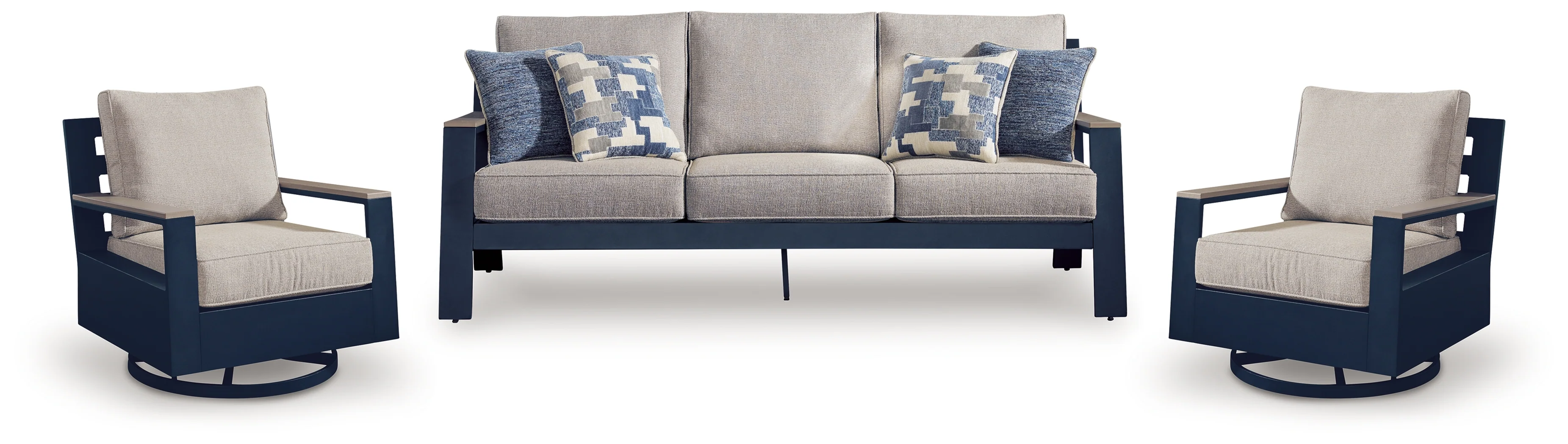 East Navy Blue/Driftwood Beach Outdoor Sofa with 2 Swivel Glider Chairs - Image 2