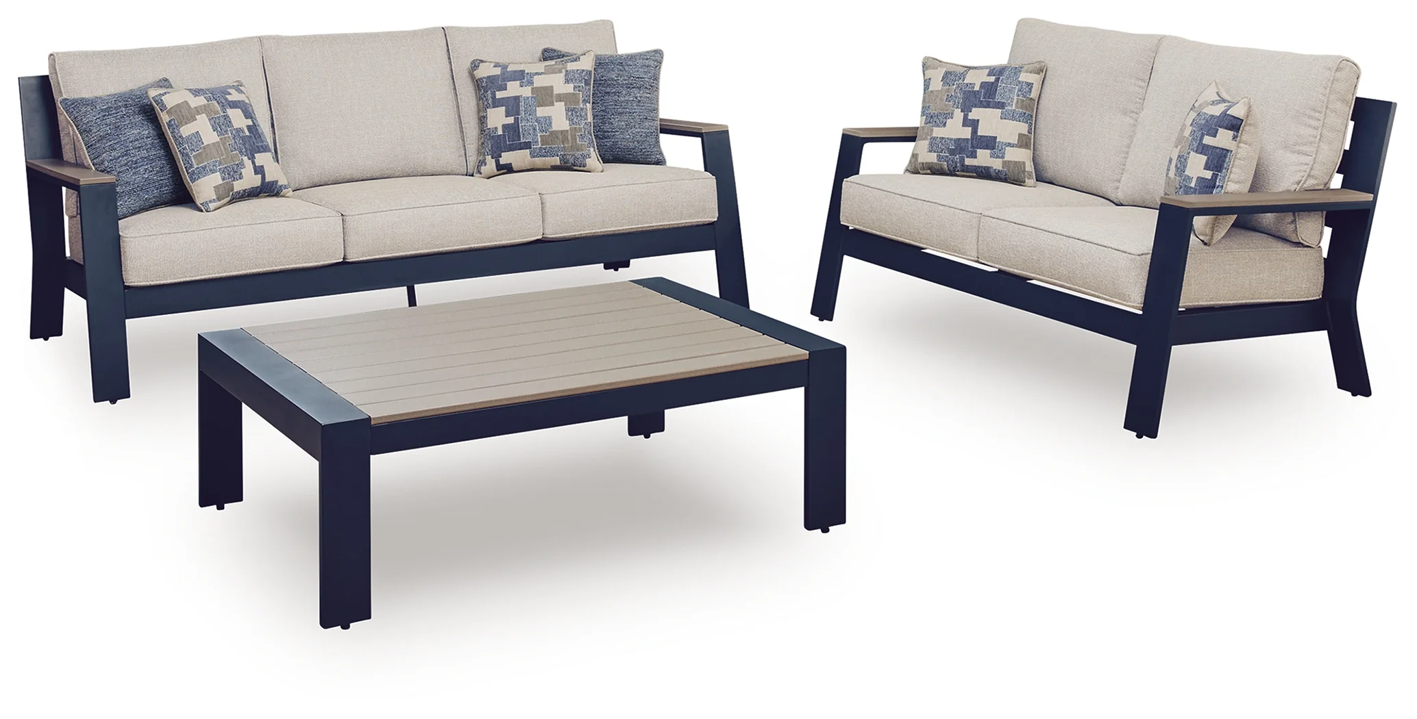 East Navy Blue/Driftwood Beach Outdoor Sofa and Loveseat with Coffee Table - Image 2