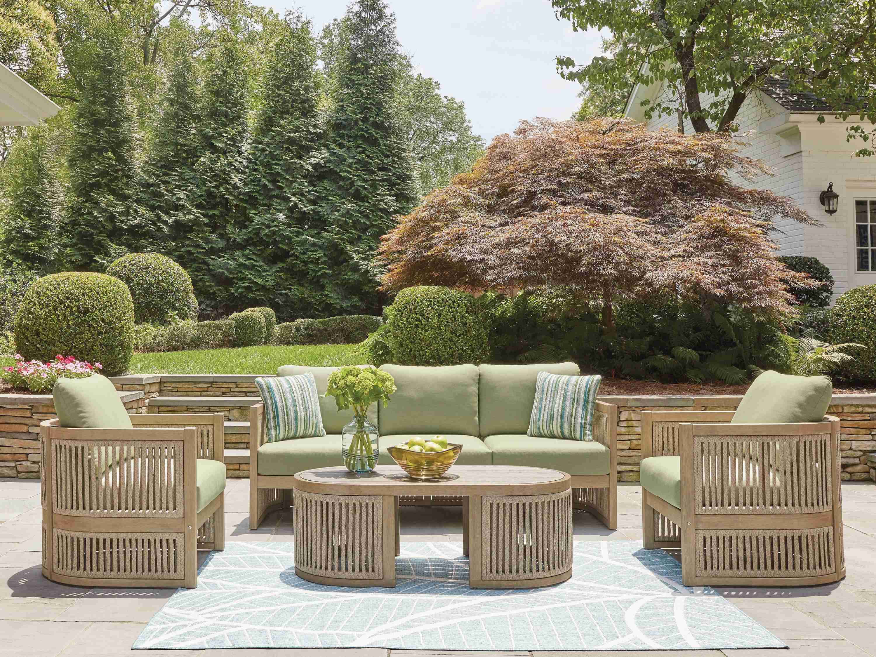 Serena Beige/Green Shores Outdoor Sofa and 2 Chairs with Coffee Table - Image 2