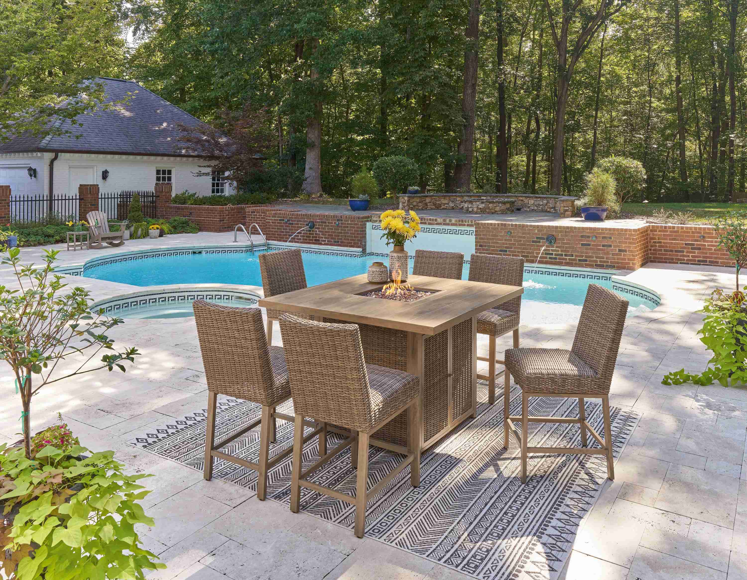 Walton Driftwood Bridge Outdoor Fire Pit Table and 6 Barstools - Image 2
