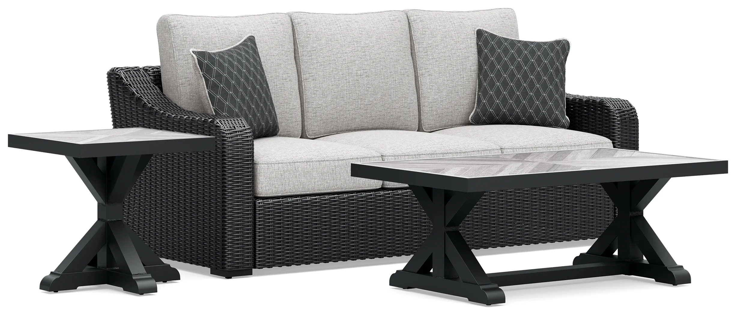 Beachcroft Black/Light Gray Outdoor Sofa with Coffee Table and End Table - Image 2