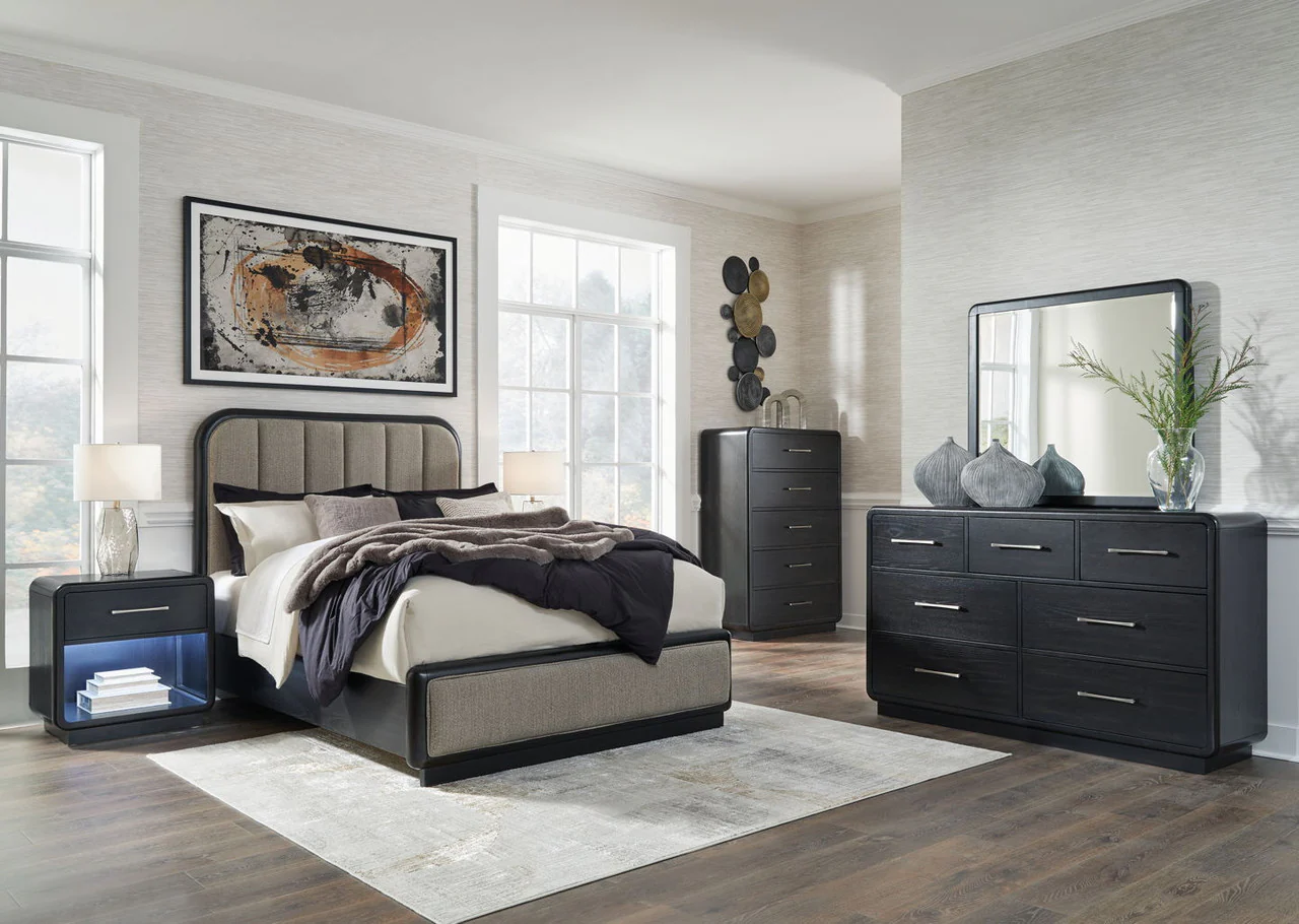 Rowanbeck Gray Black Upholstered Panel Bedroom Set - Image 1