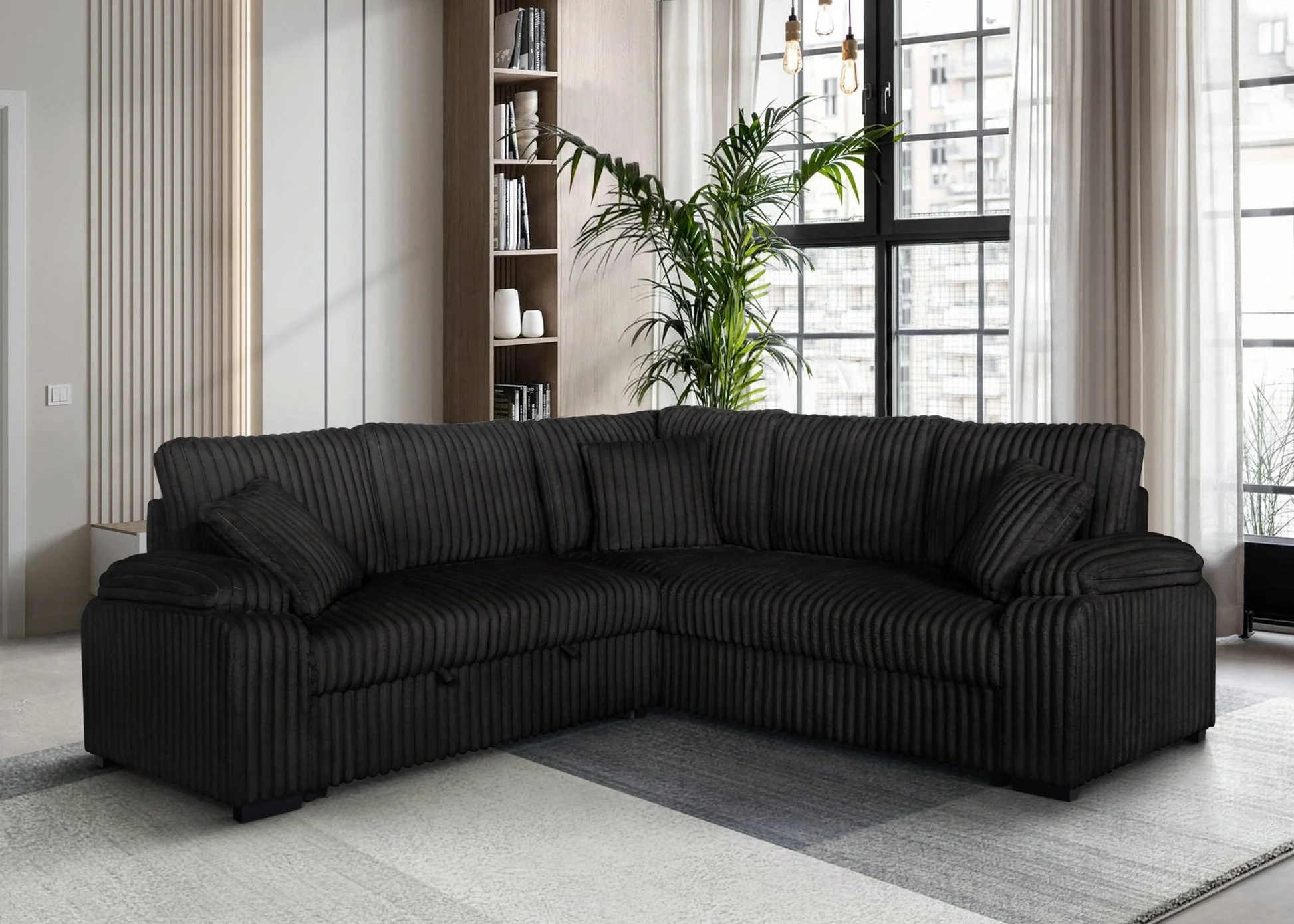 Neeha Black Corduroy Fabric Sectional - Image 2