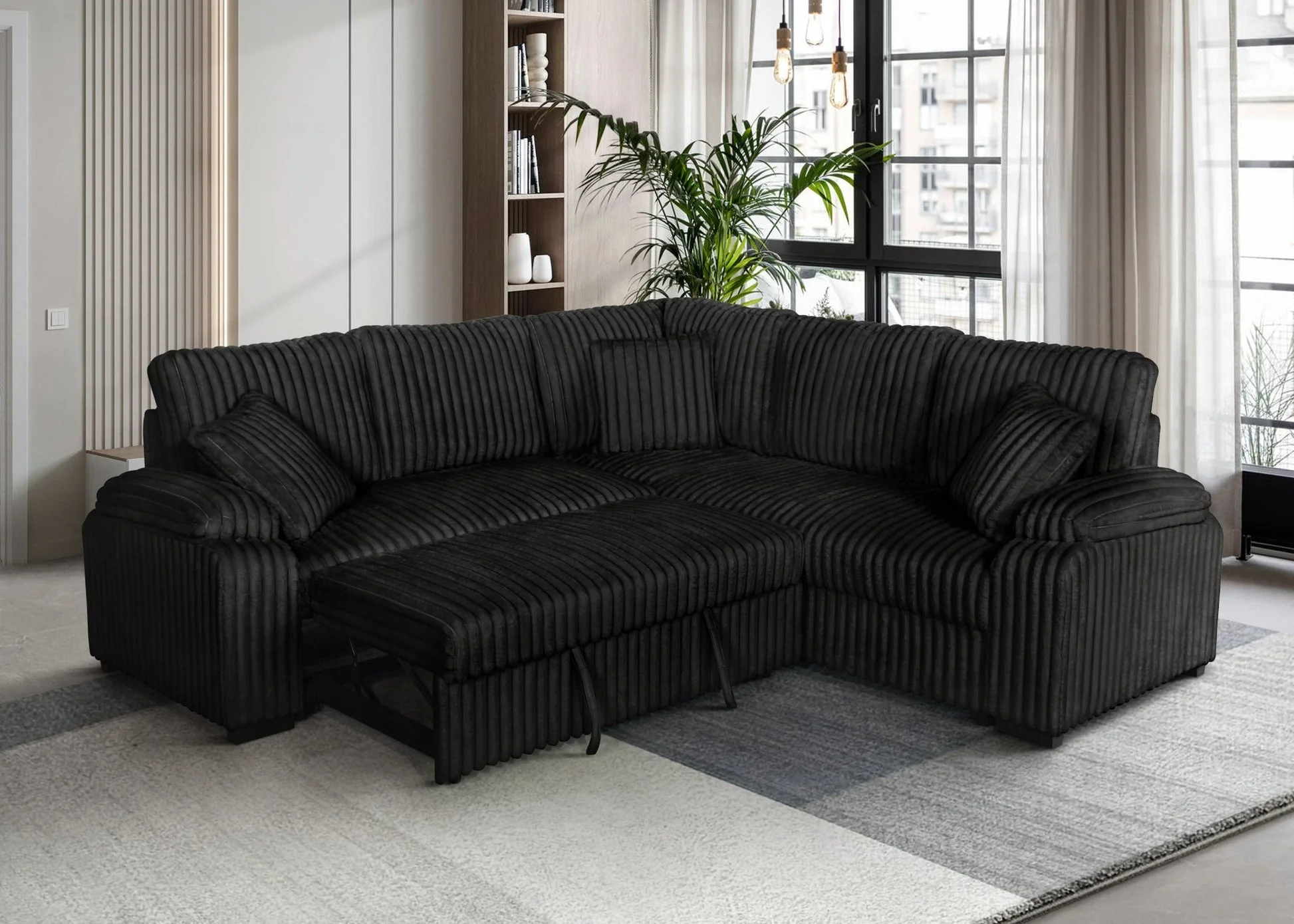 Neeha Black Corduroy Fabric Sectional - Image 1