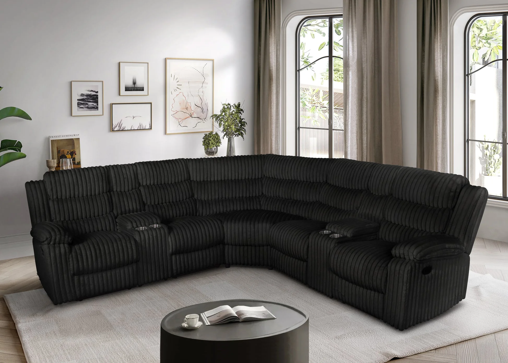Calantha Black Corduroy Fabric Reclining Sectional - Image 1