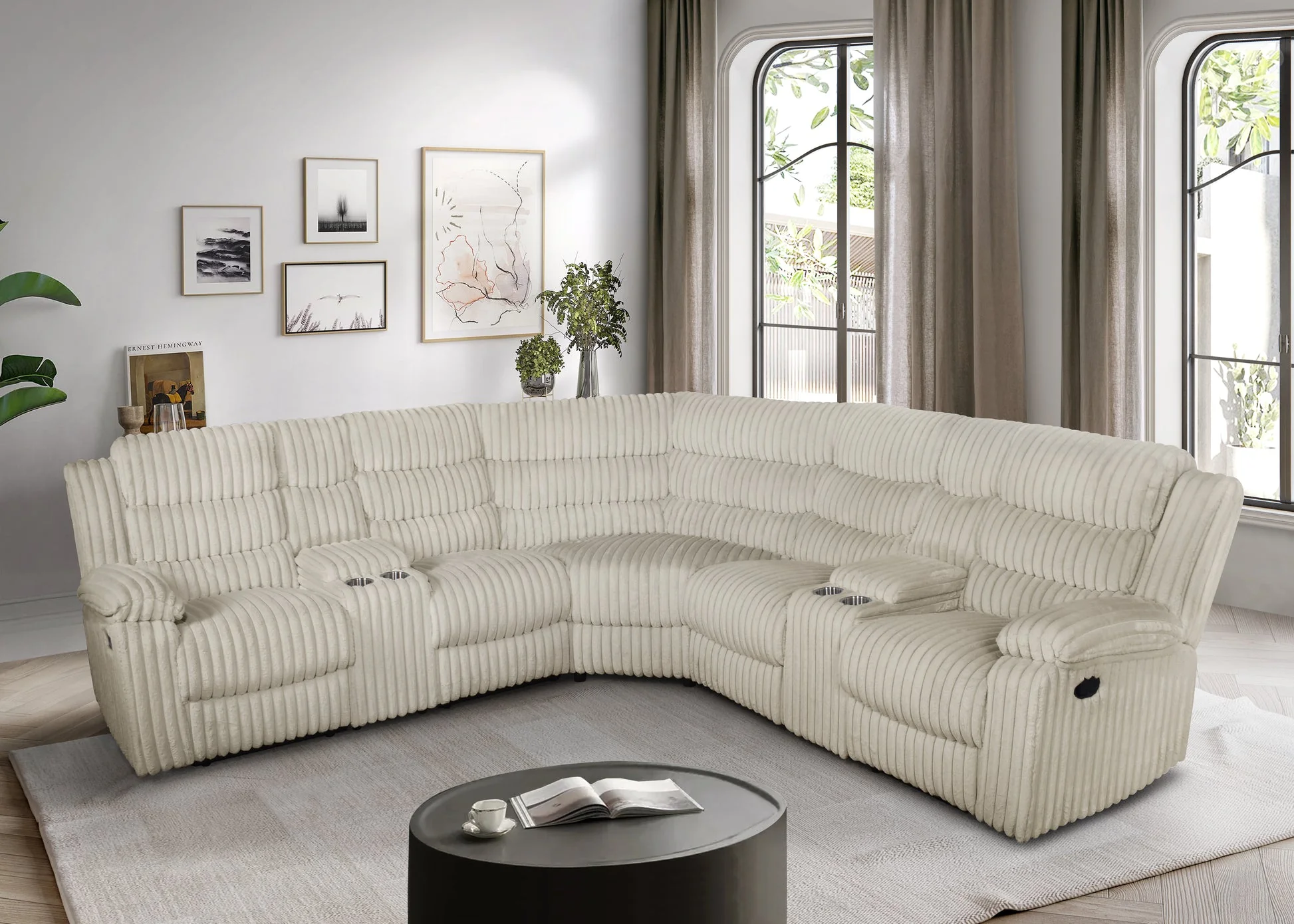 Calantha Cream Corduroy Fabric Reclining Sectional - Image 1