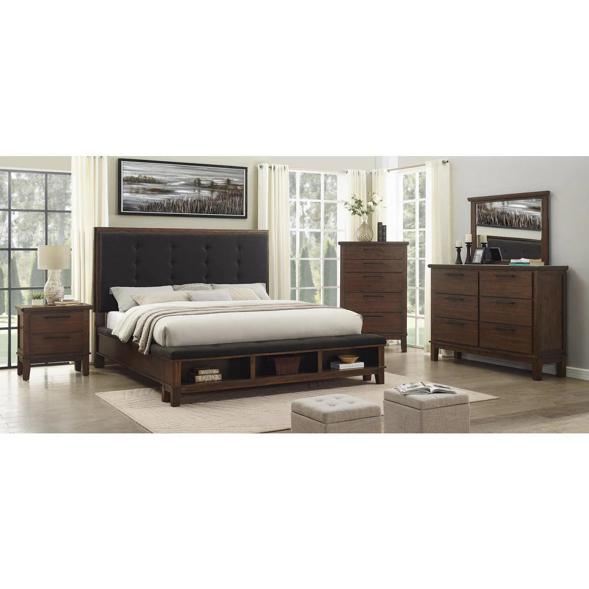 Boomi Brown Upholstered Tufted Panel Queen Bedroom Set - Image 2