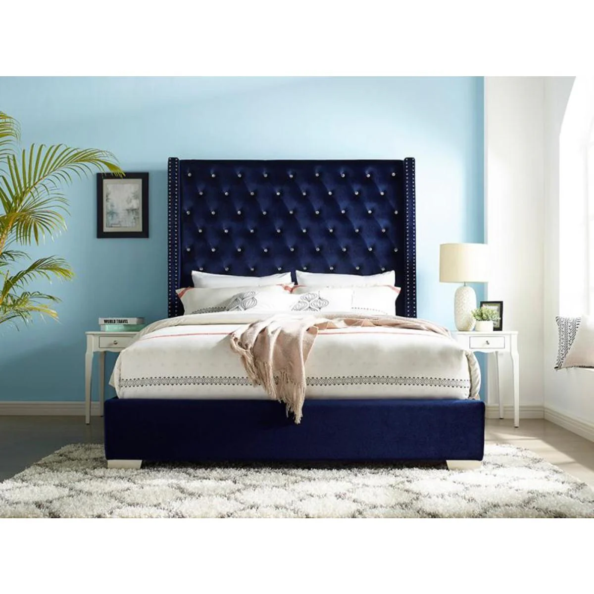 Jacklyn Blue Faux Leather Tufted Panel Queen Bed - Image 2