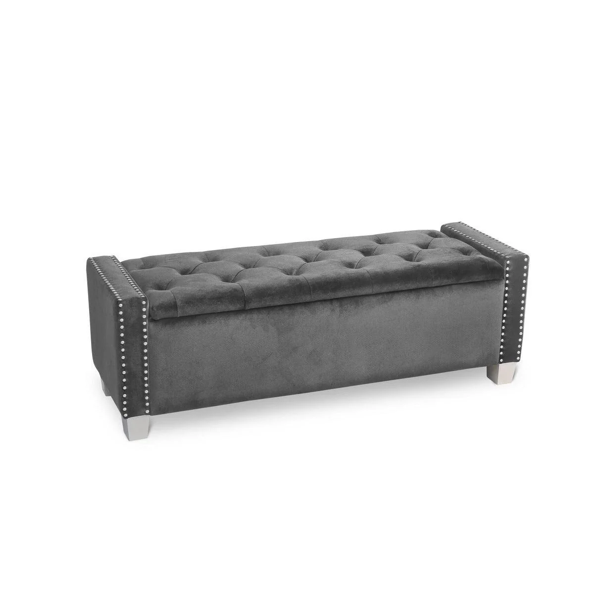 Storage Bench With Gray Velvet Upholstered Tufted