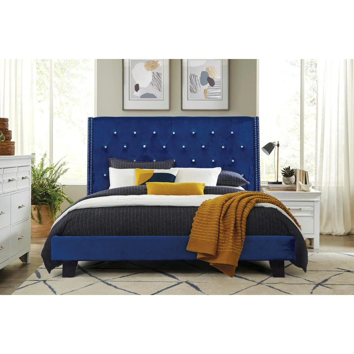 Ivy Blue Velvet Faux Leather Tufted Platform Queen Bed - Image 1