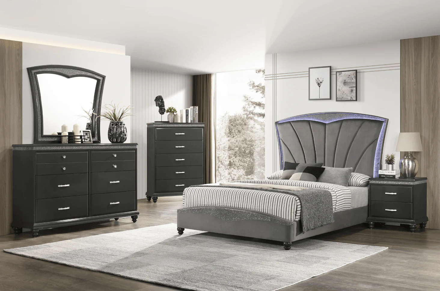 Frampton Gray King LED Velvet Upholstered Panel Bed - Image 2